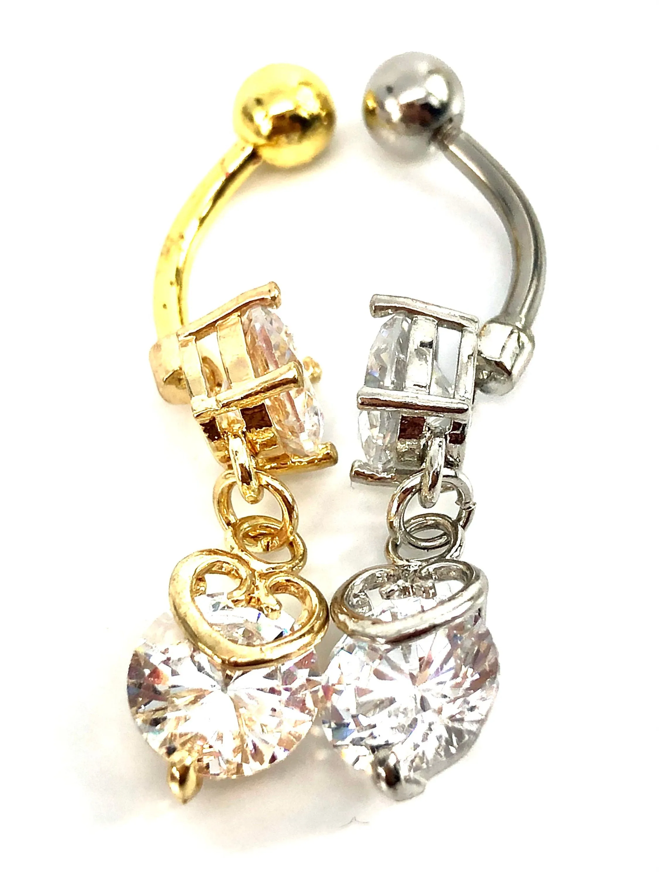 Stainless steel curve bar , double heart gem belly ring, SKU# 10-5