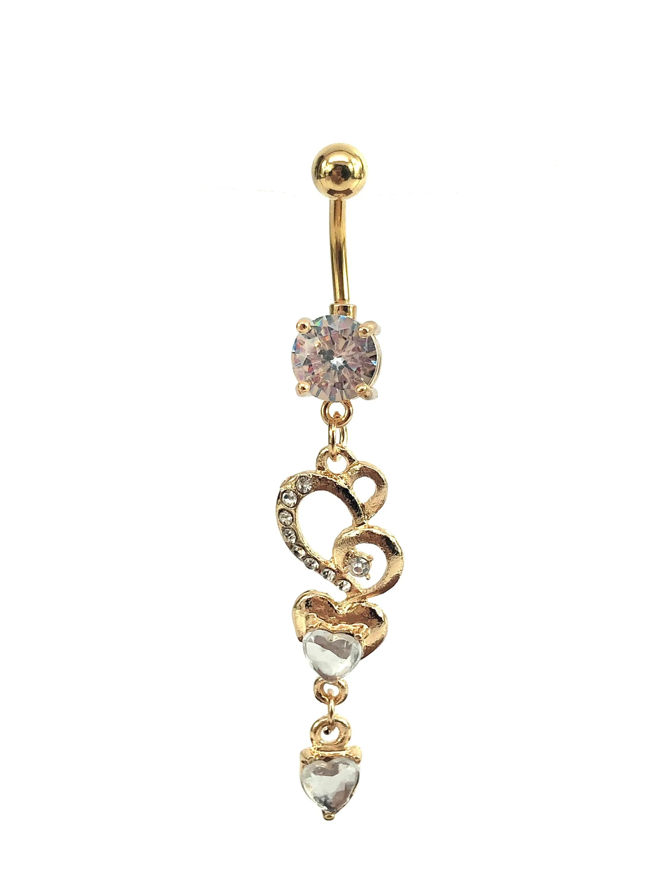 Stainless steel curve bar , double heart gem belly ring, SKU# NBR027