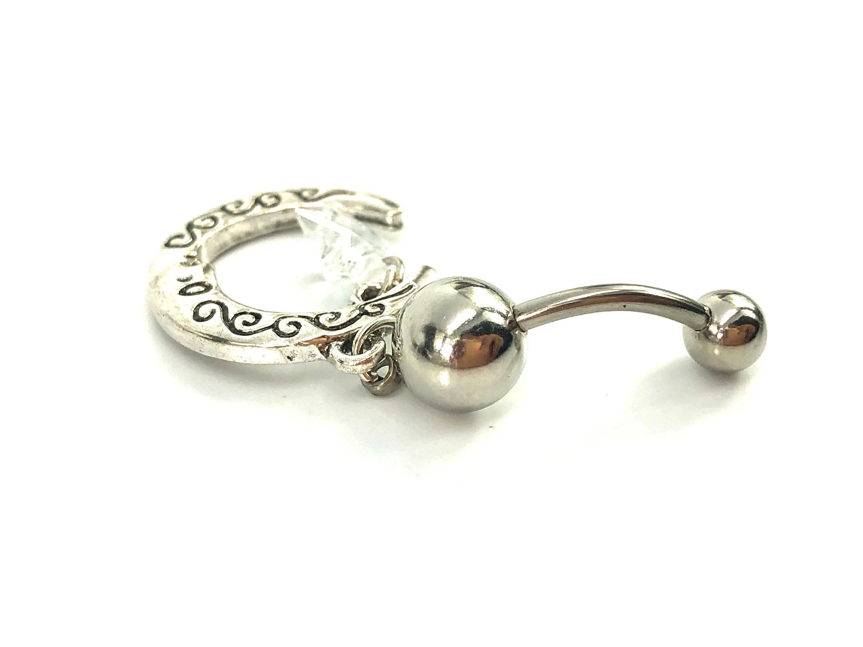 Stainless steel curve bar , double moon & star gem belly ring, SKU# NBR002