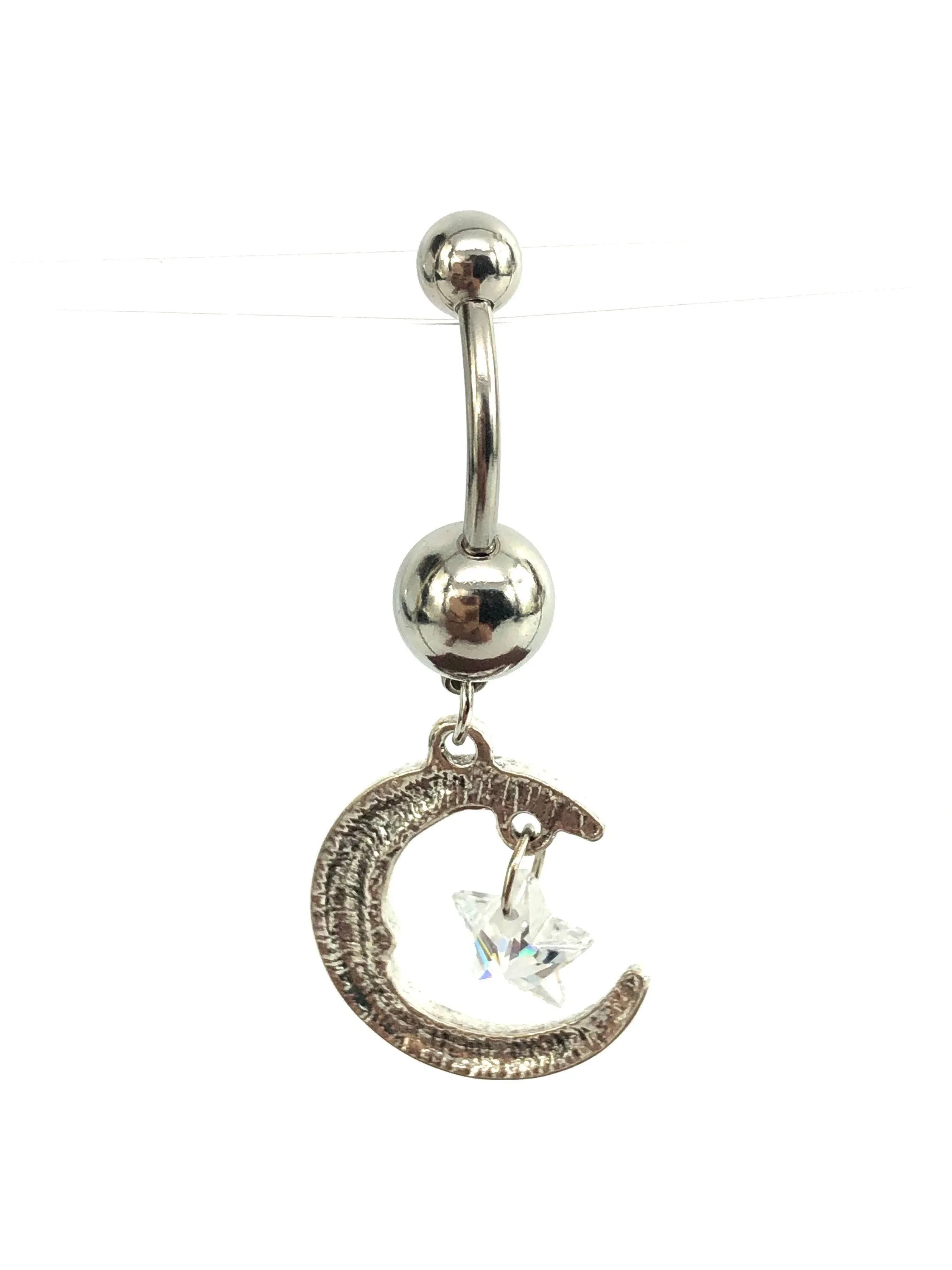 Stainless steel curve bar , double moon & star gem belly ring, SKU# NBR002