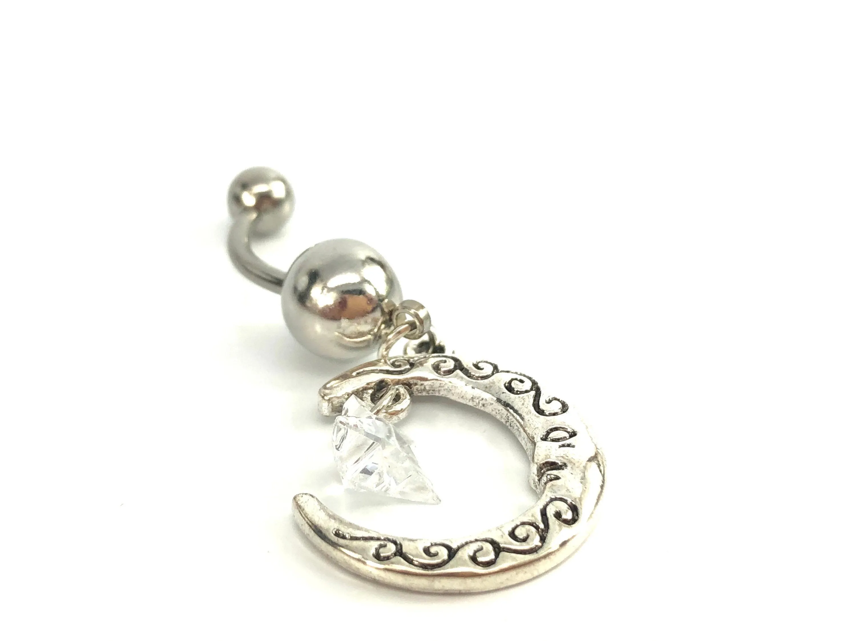 Stainless steel curve bar , double moon & star gem belly ring, SKU# NBR002