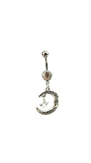 Stainless steel curve bar , double moon & star gem belly ring, SKU# NBR002