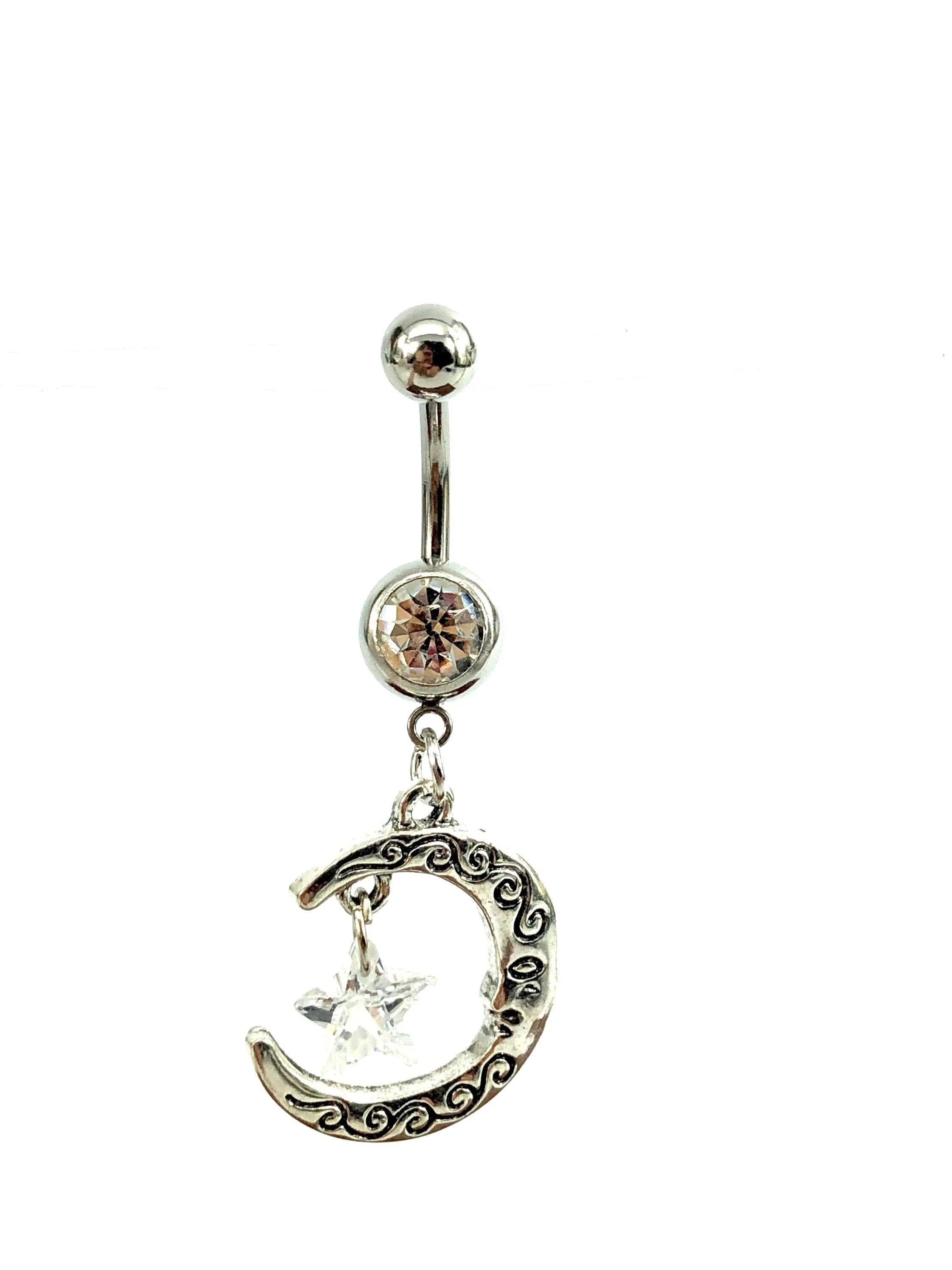 Stainless steel curve bar , double moon & star gem belly ring, SKU# NBR002