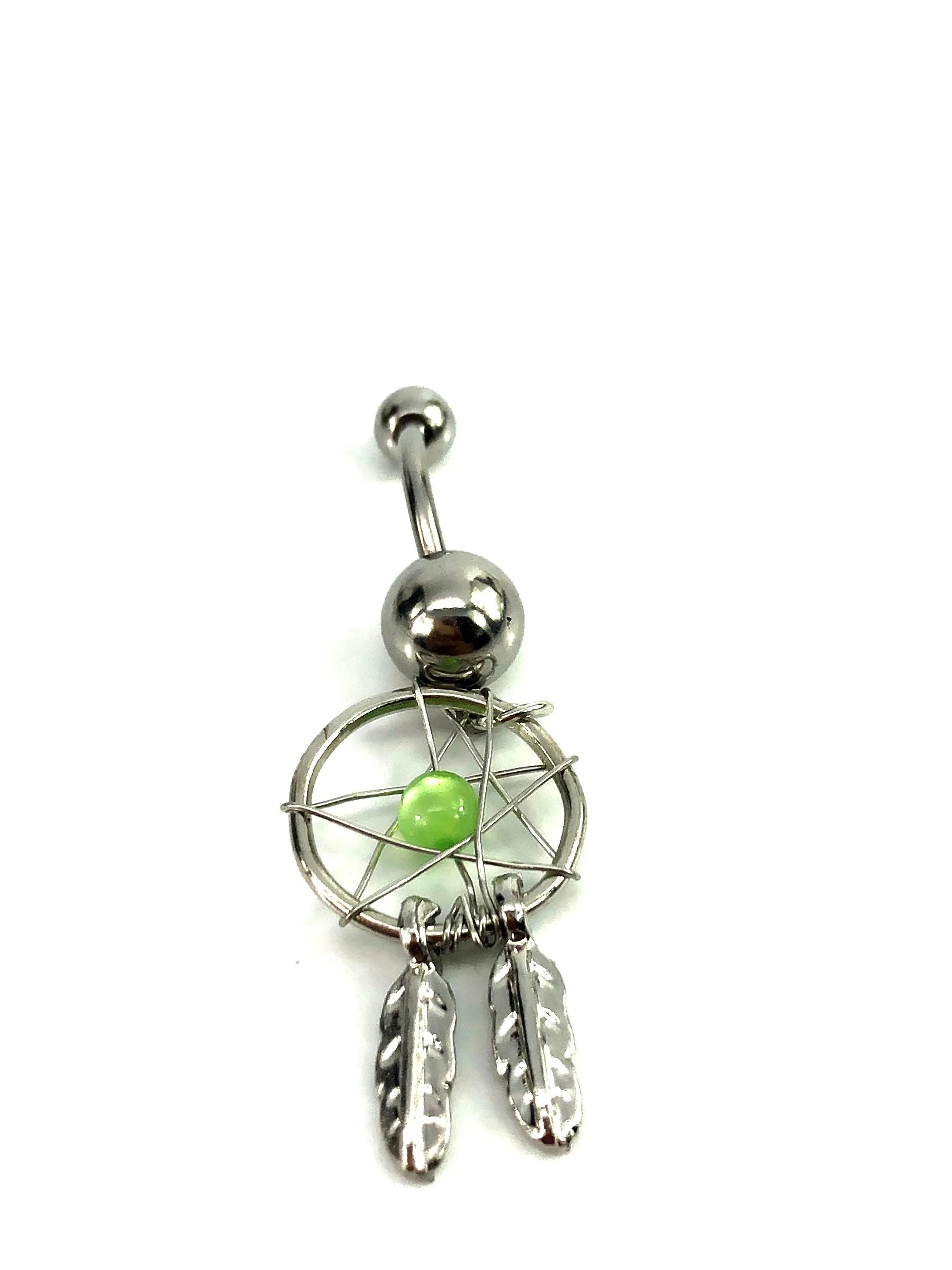 Stainless steel curve bar , dream catcher gem belly ring, SKU# NBR014