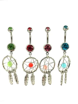 Stainless steel curve bar , dream catcher gem belly ring, SKU# NBR014