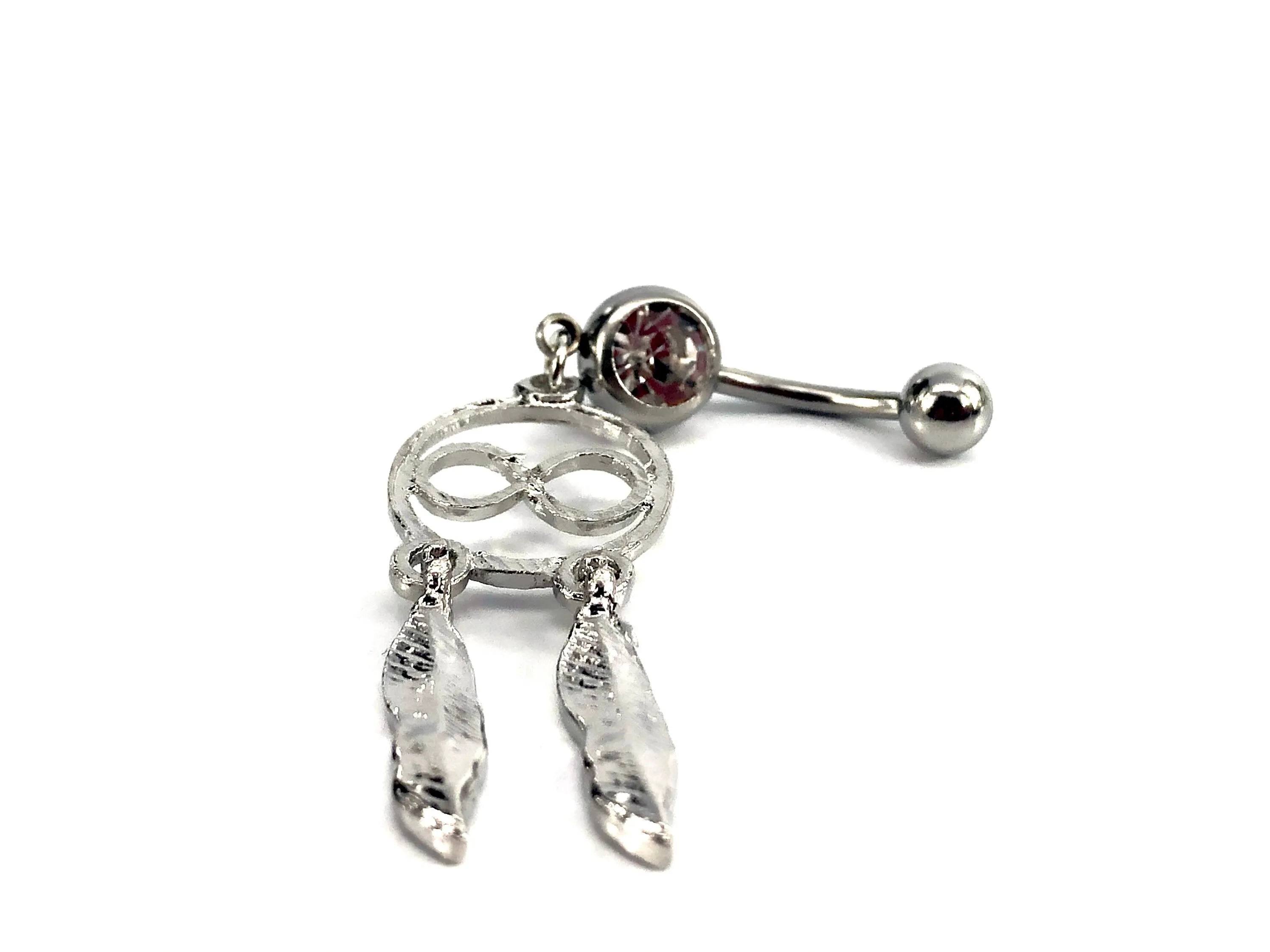Stainless steel curve bar , dream catcher gem belly ring, SKU# NBR025