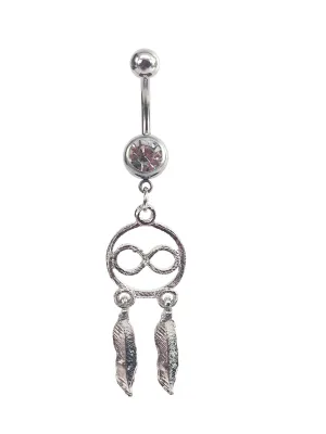 Stainless steel curve bar , dream catcher gem belly ring, SKU# NBR025