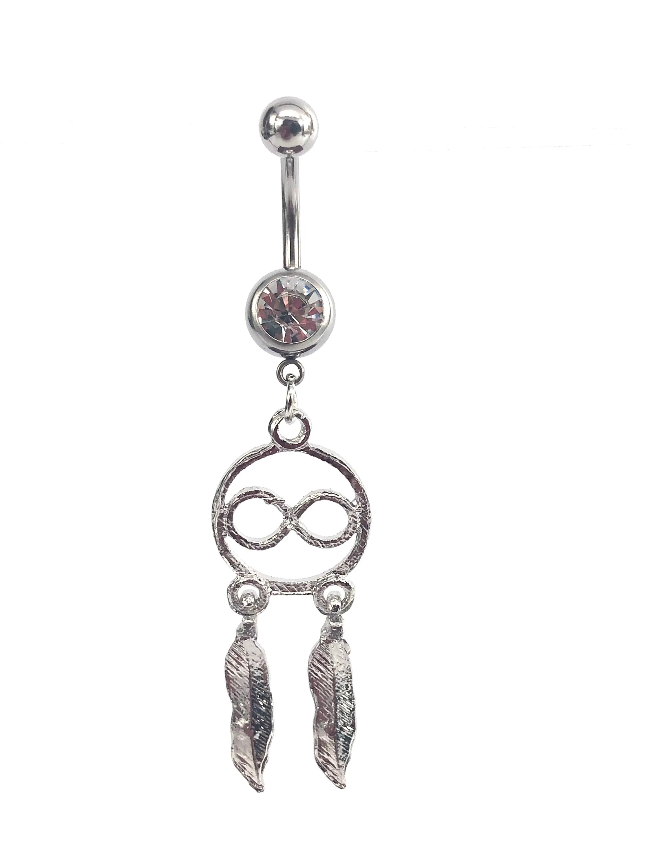 Stainless steel curve bar , dream catcher gem belly ring, SKU# NBR025