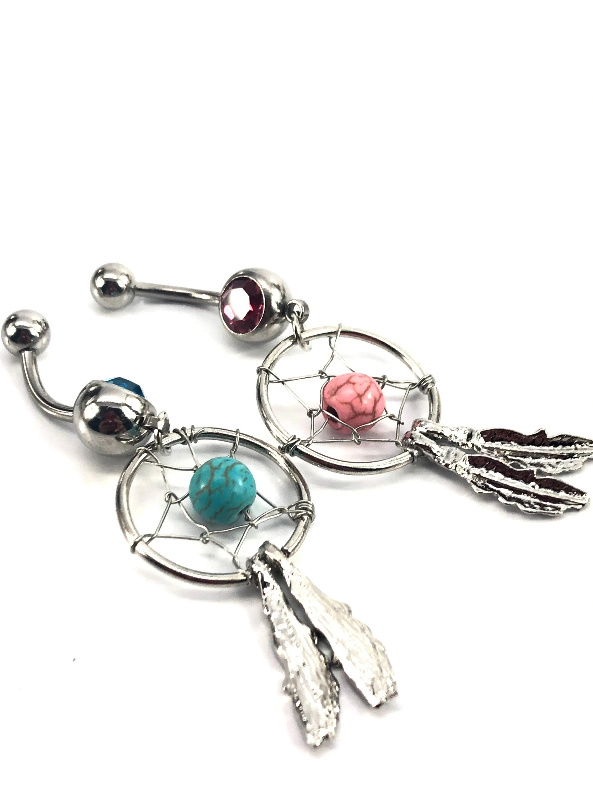 Stainless steel curve bar , dream catcher gem belly ring, SKU# NBR029