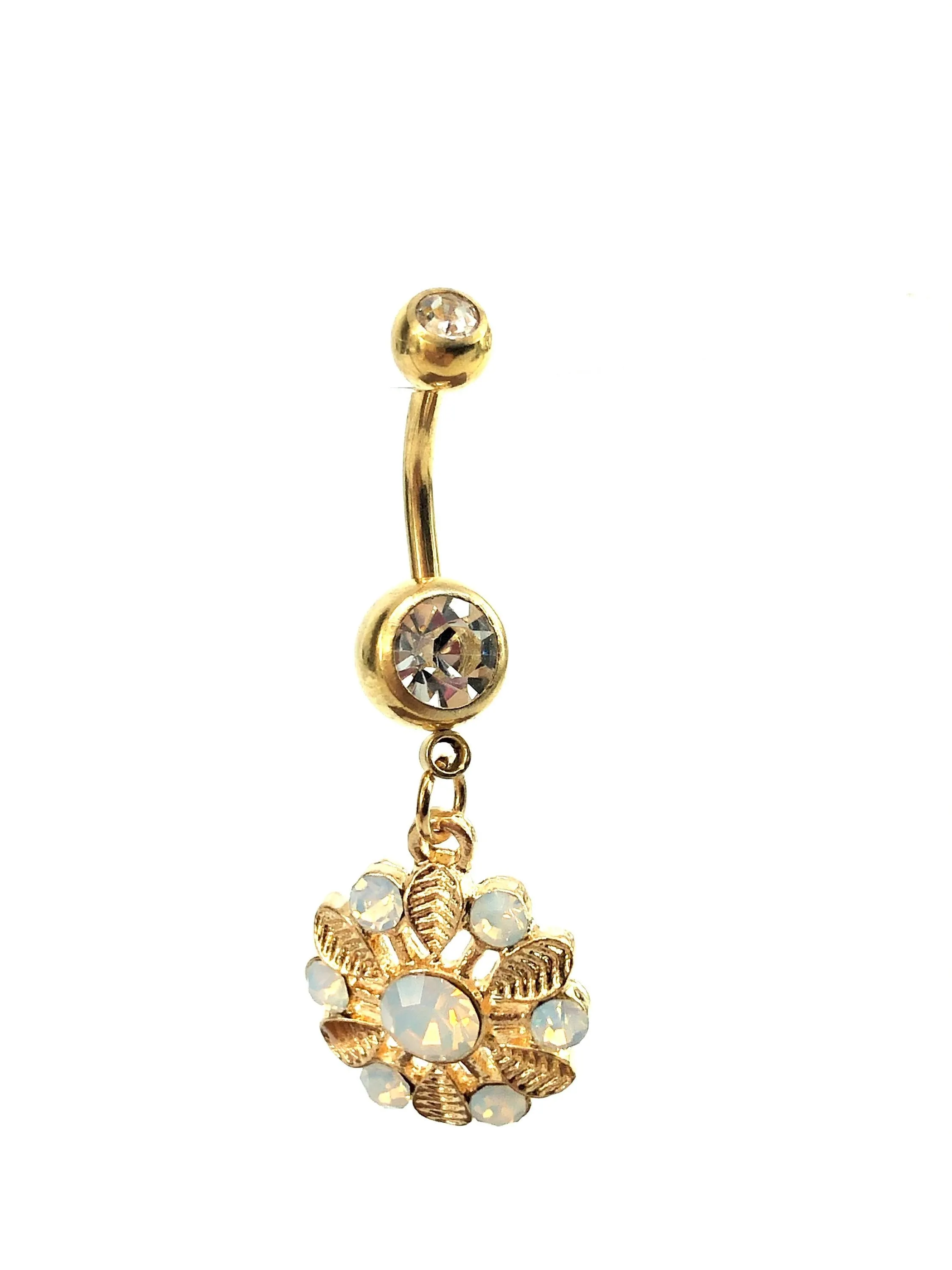Stainless steel curve bar flower gem belly ring, SKU# NBR036