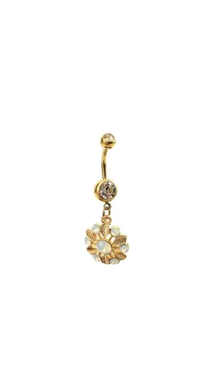 Stainless steel curve bar flower gem belly ring, SKU# NBR036