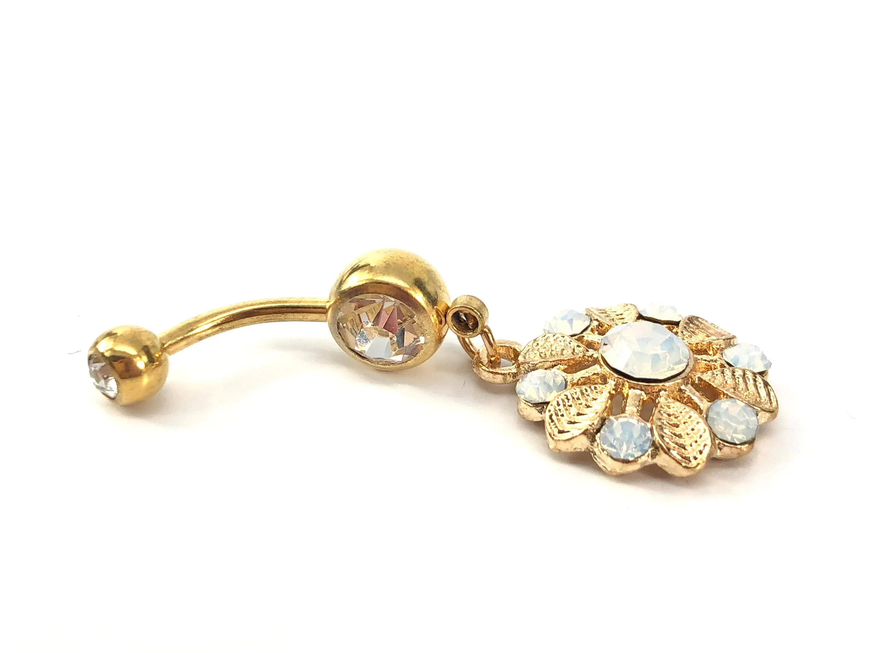 Stainless steel curve bar flower gem belly ring, SKU# NBR036