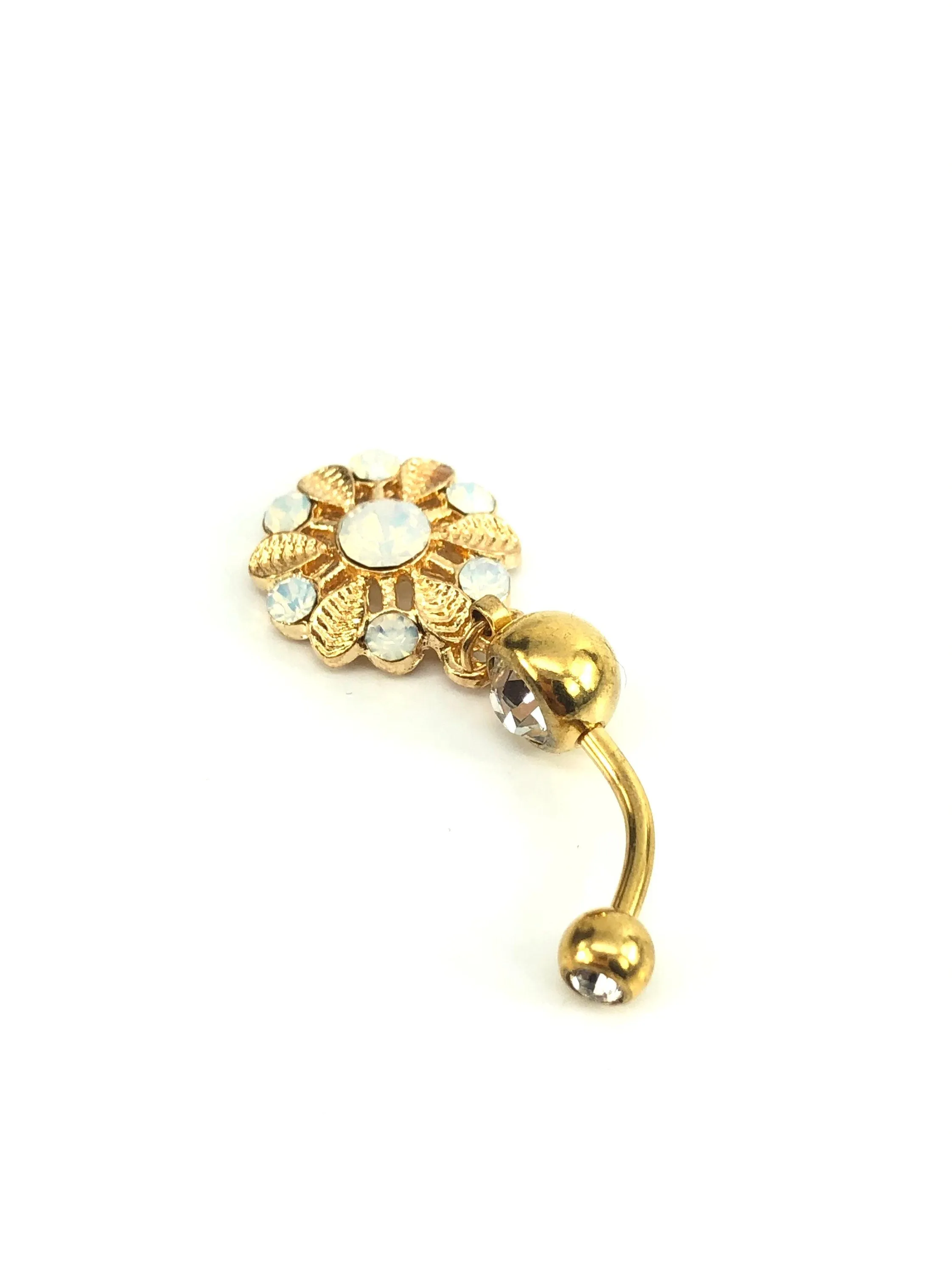 Stainless steel curve bar flower gem belly ring, SKU# NBR036