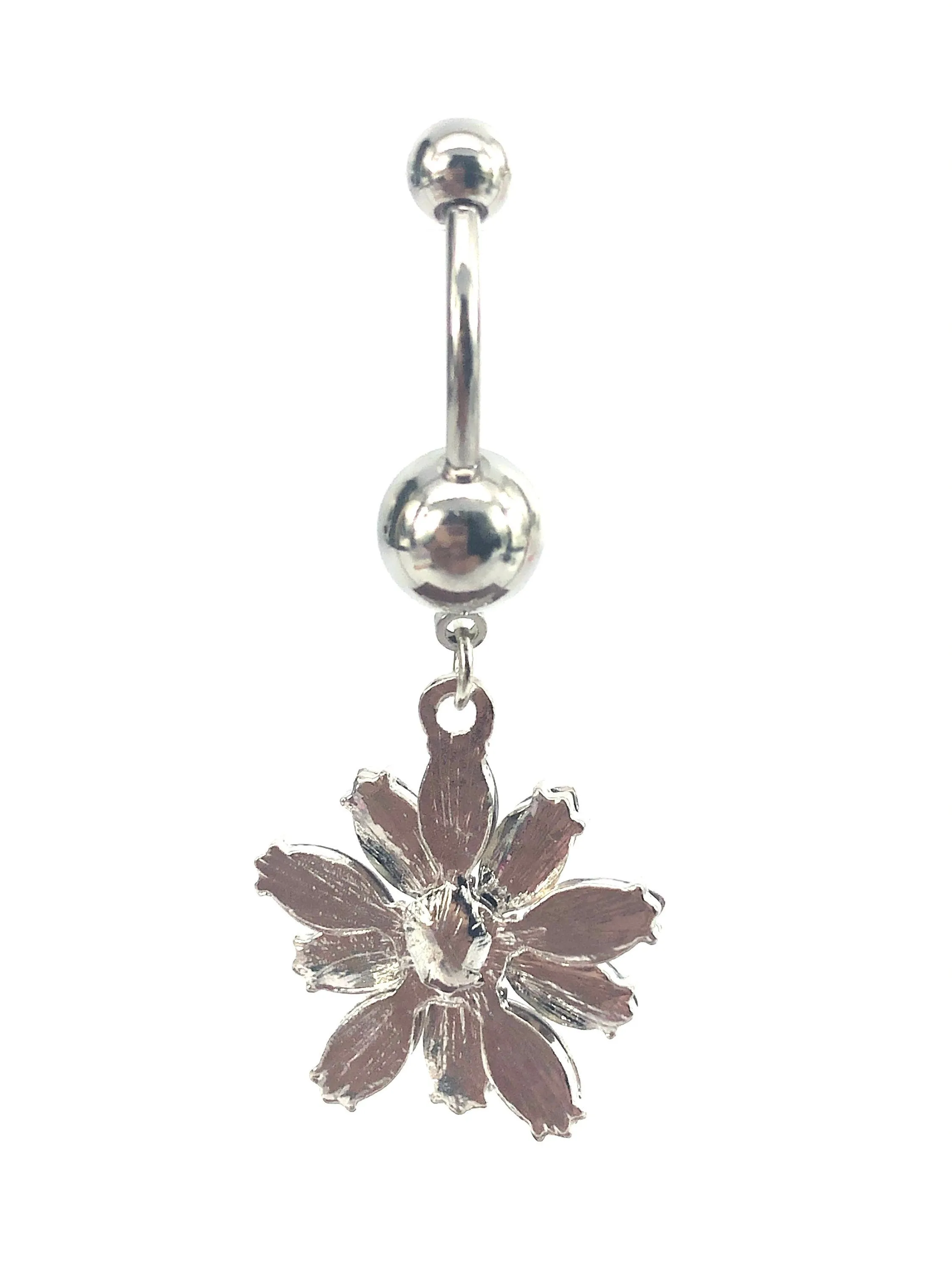 Stainless steel curve bar , flower gem belly ring, SKU# NBR060