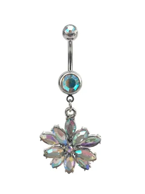 Stainless steel curve bar , flower gem belly ring, SKU# NBR060