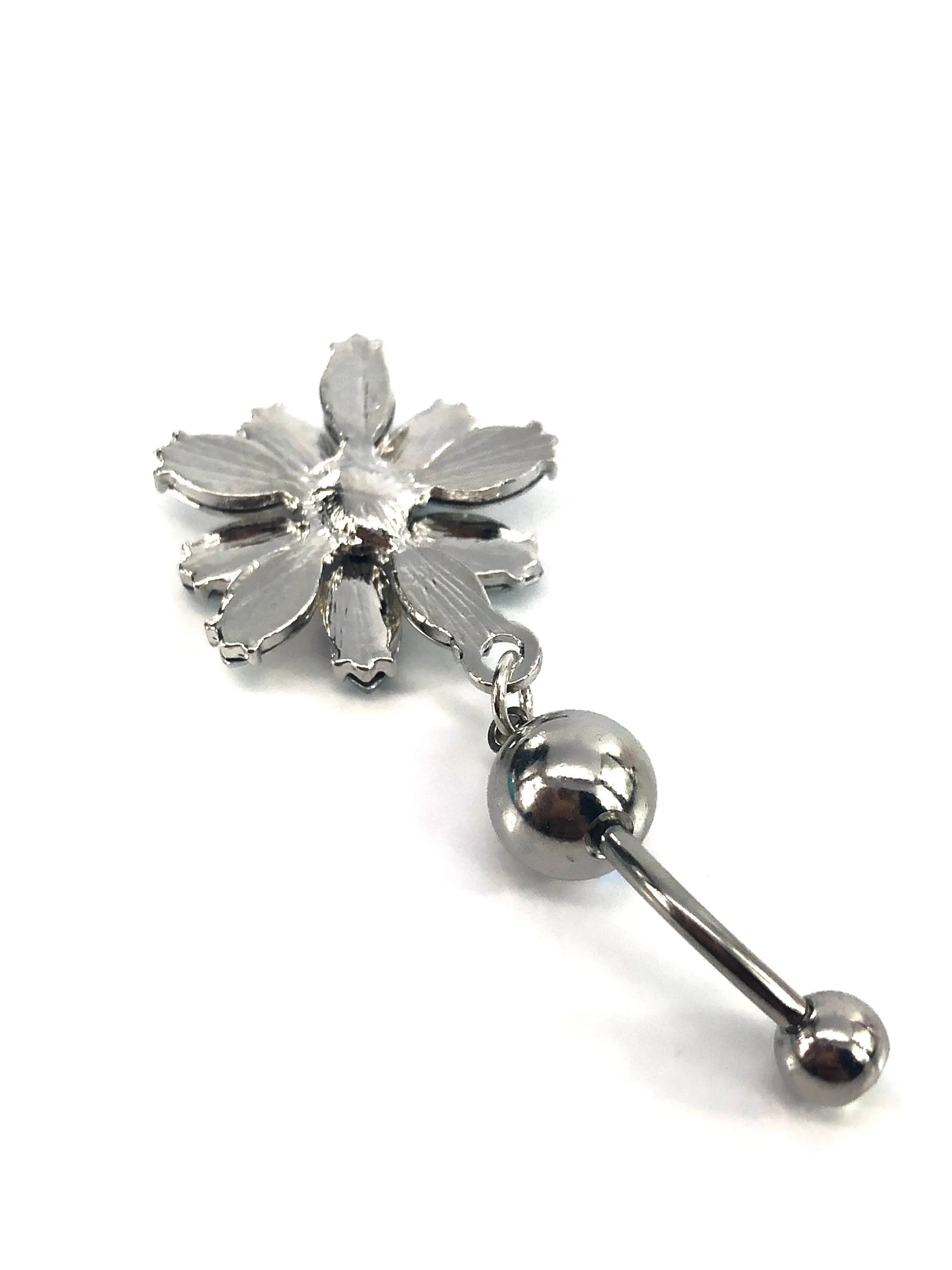 Stainless steel curve bar , flower gem belly ring, SKU# NBR060
