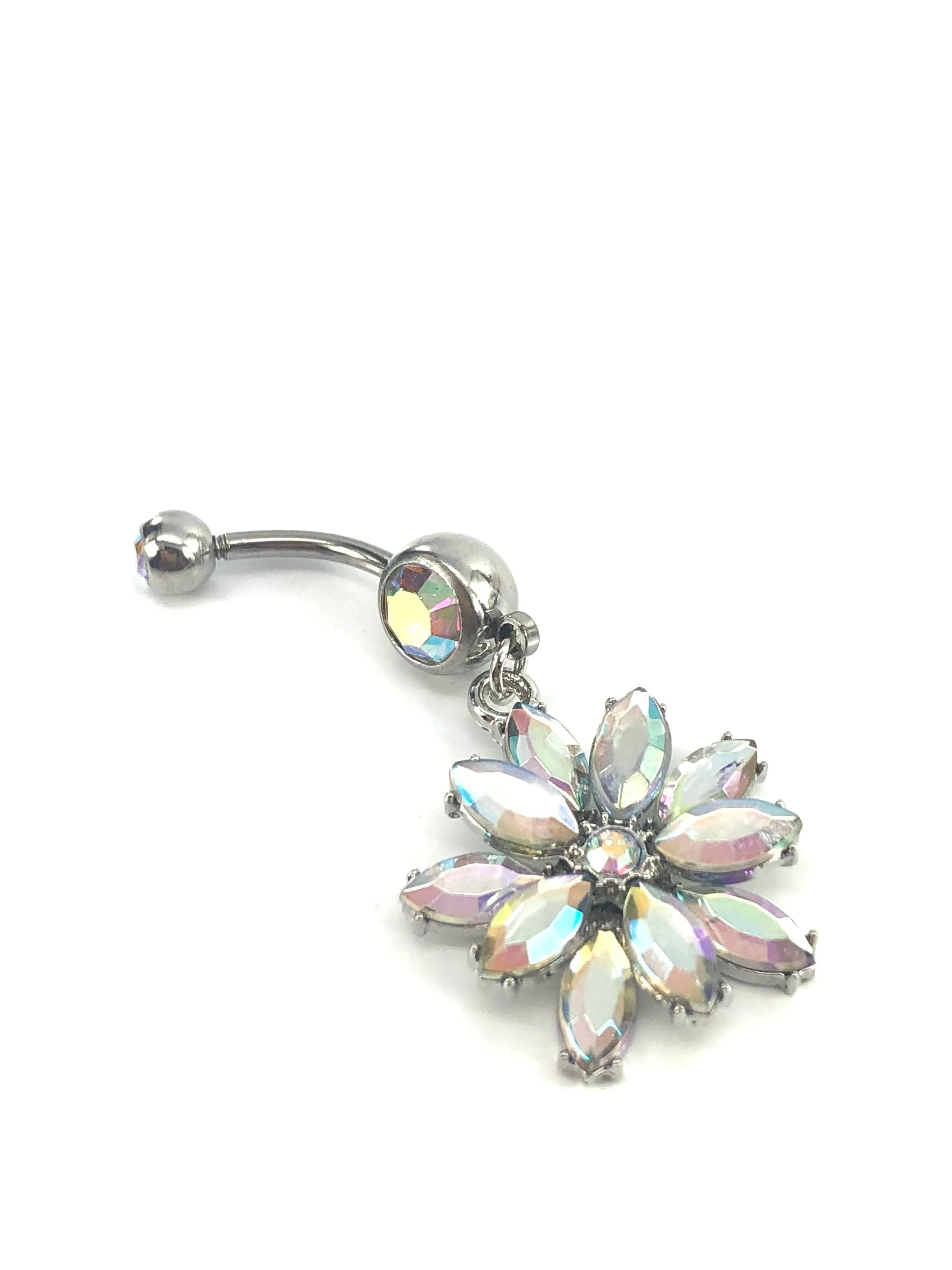 Stainless steel curve bar , flower gem belly ring, SKU# NBR060
