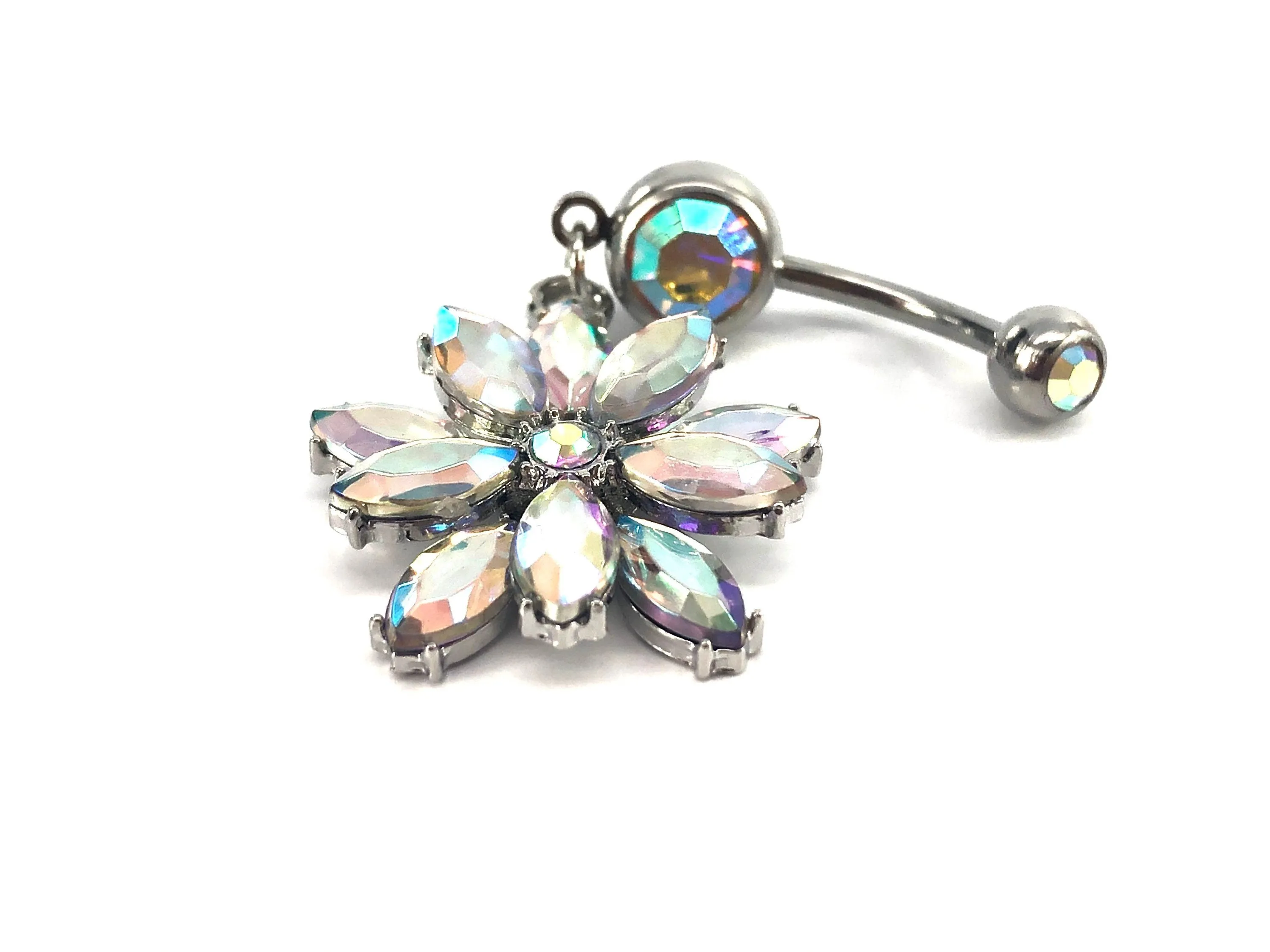 Stainless steel curve bar , flower gem belly ring, SKU# NBR060
