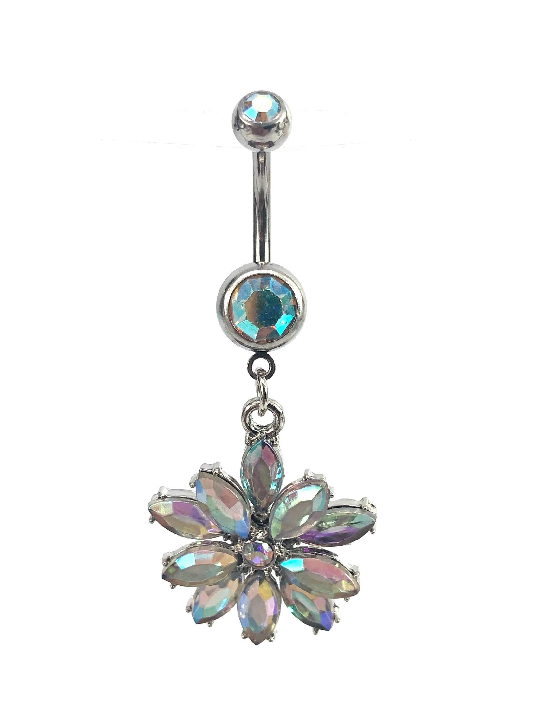 Stainless steel curve bar , flower gem belly ring, SKU# NBR060