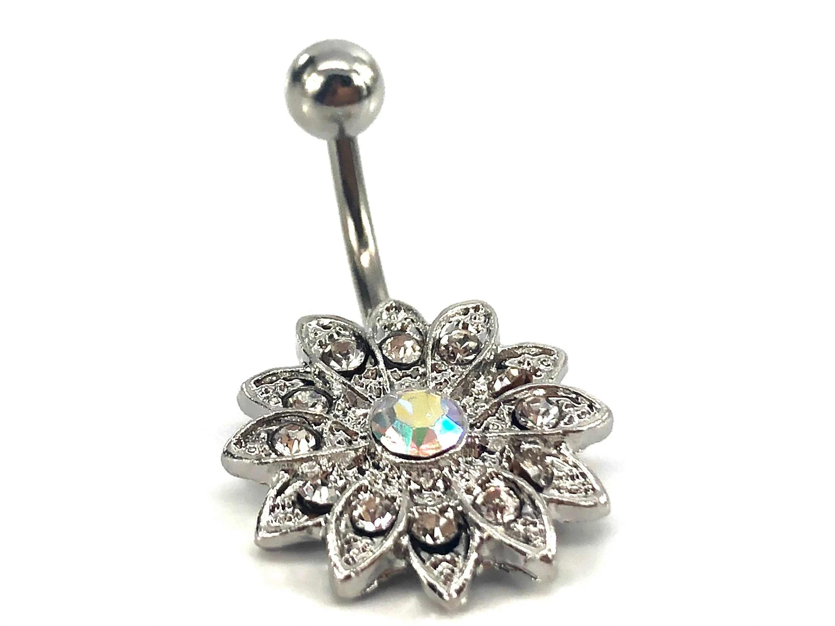Stainless steel curve bar , flower gem belly ring, SKU# NBR067