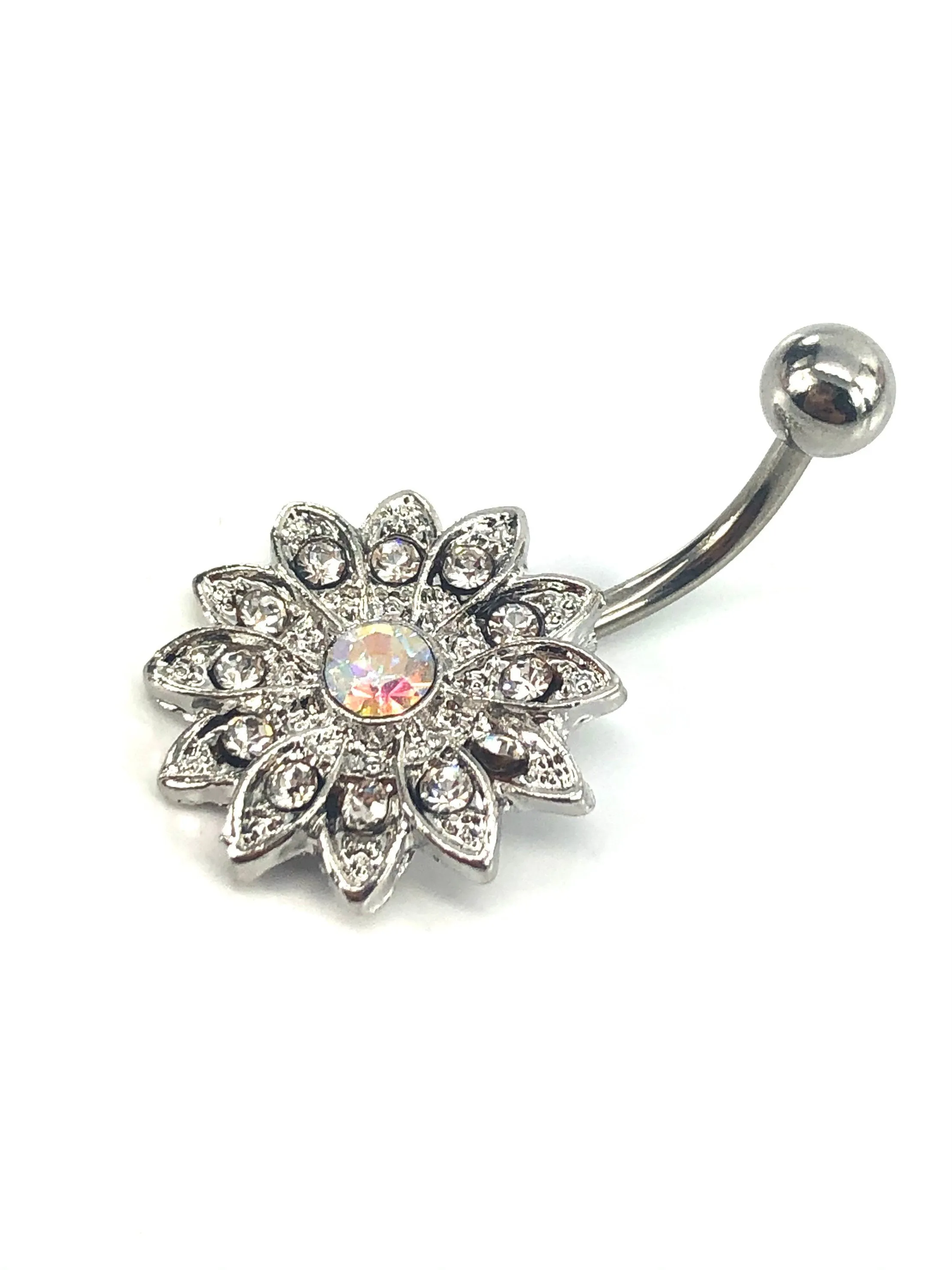 Stainless steel curve bar , flower gem belly ring, SKU# NBR067