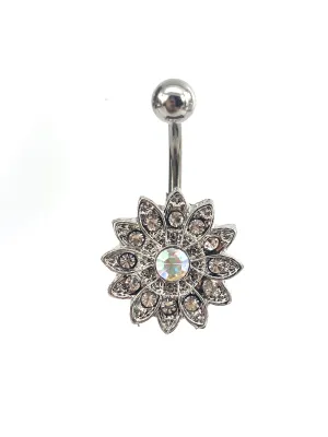 Stainless steel curve bar , flower gem belly ring, SKU# NBR067