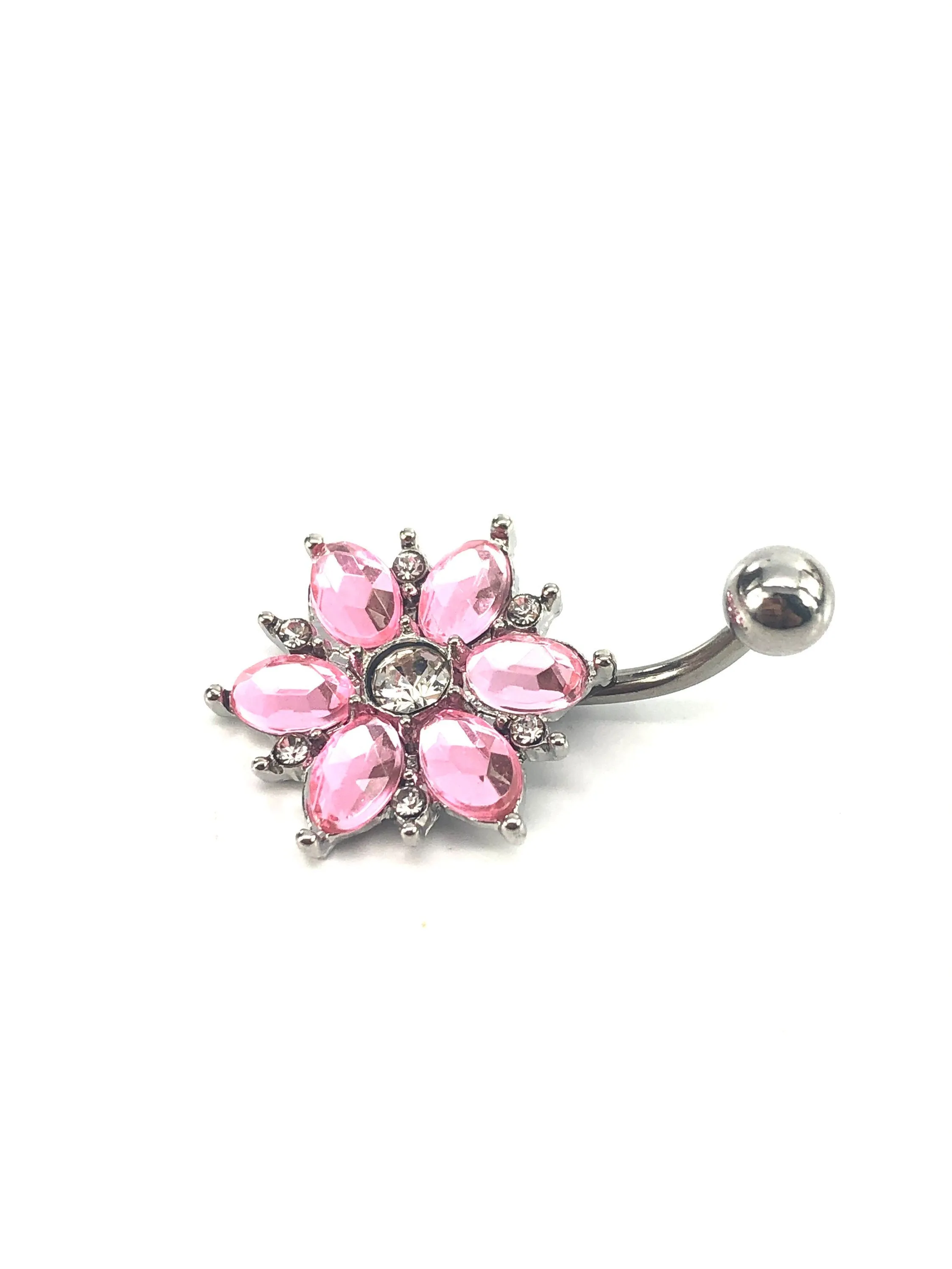 Stainless steel curve bar , flower gem belly ring, SKU# NBR070