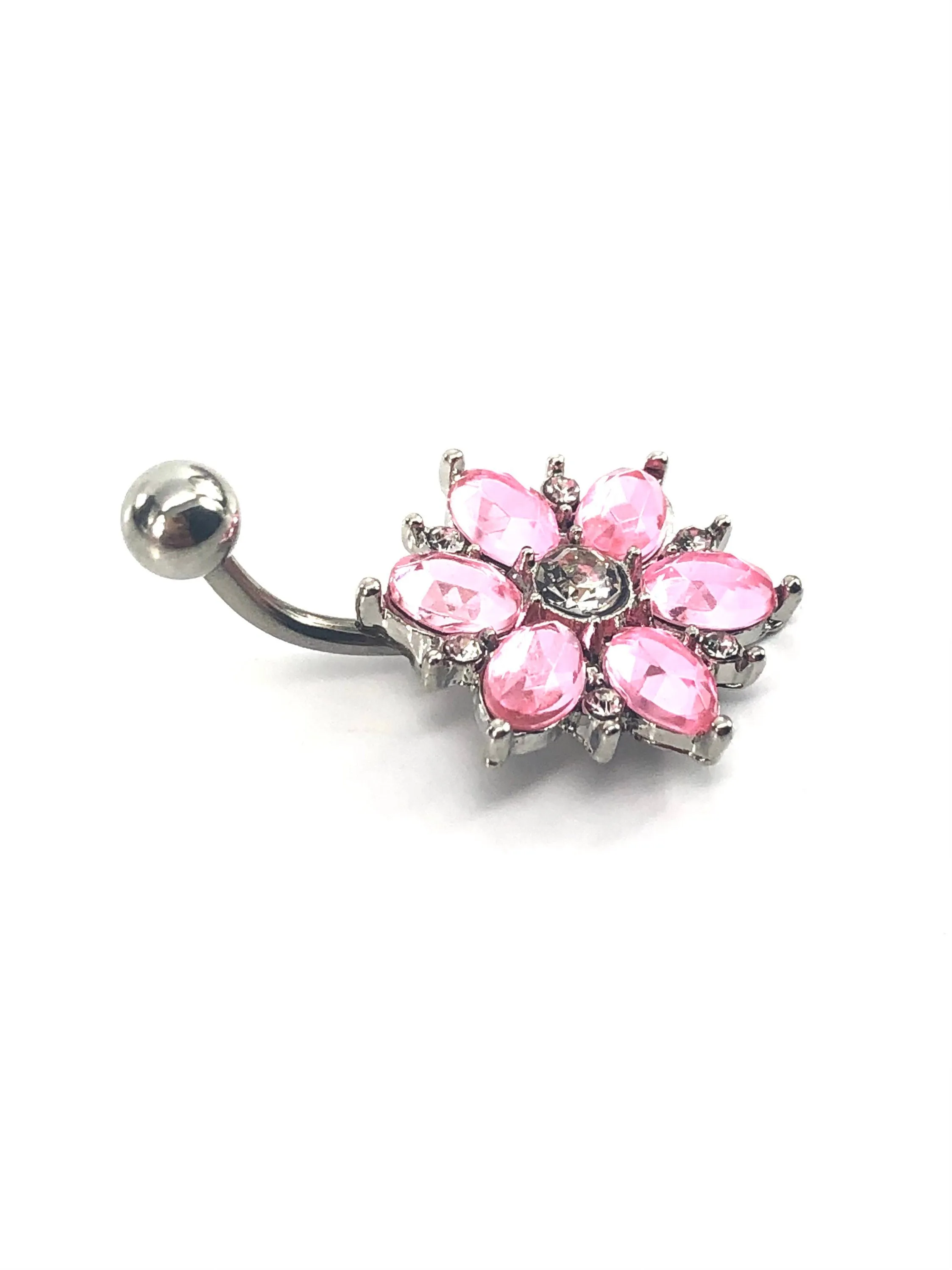 Stainless steel curve bar , flower gem belly ring, SKU# NBR070