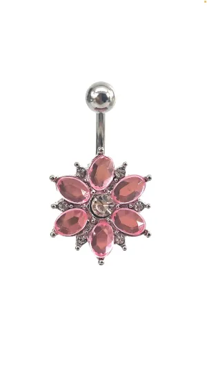 Stainless steel curve bar , flower gem belly ring, SKU# NBR070