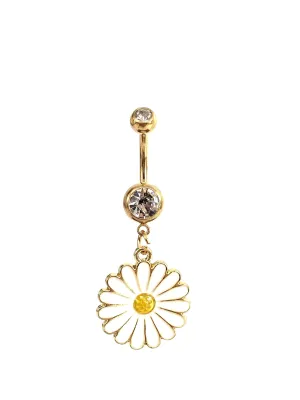 Stainless steel curve bar , flower gem belly ring, SKU# NBR078