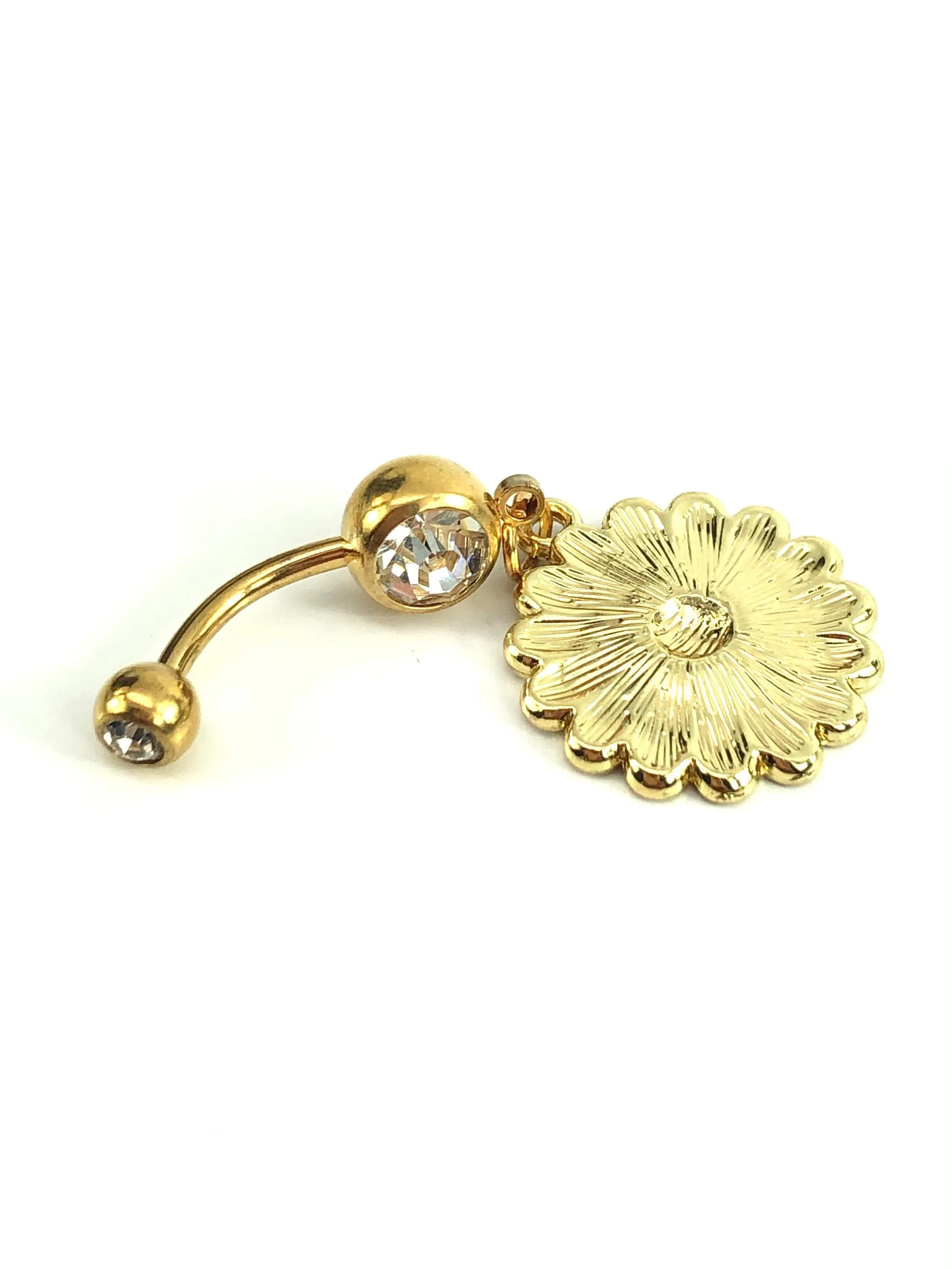 Stainless steel curve bar , flower gem belly ring, SKU# NBR078