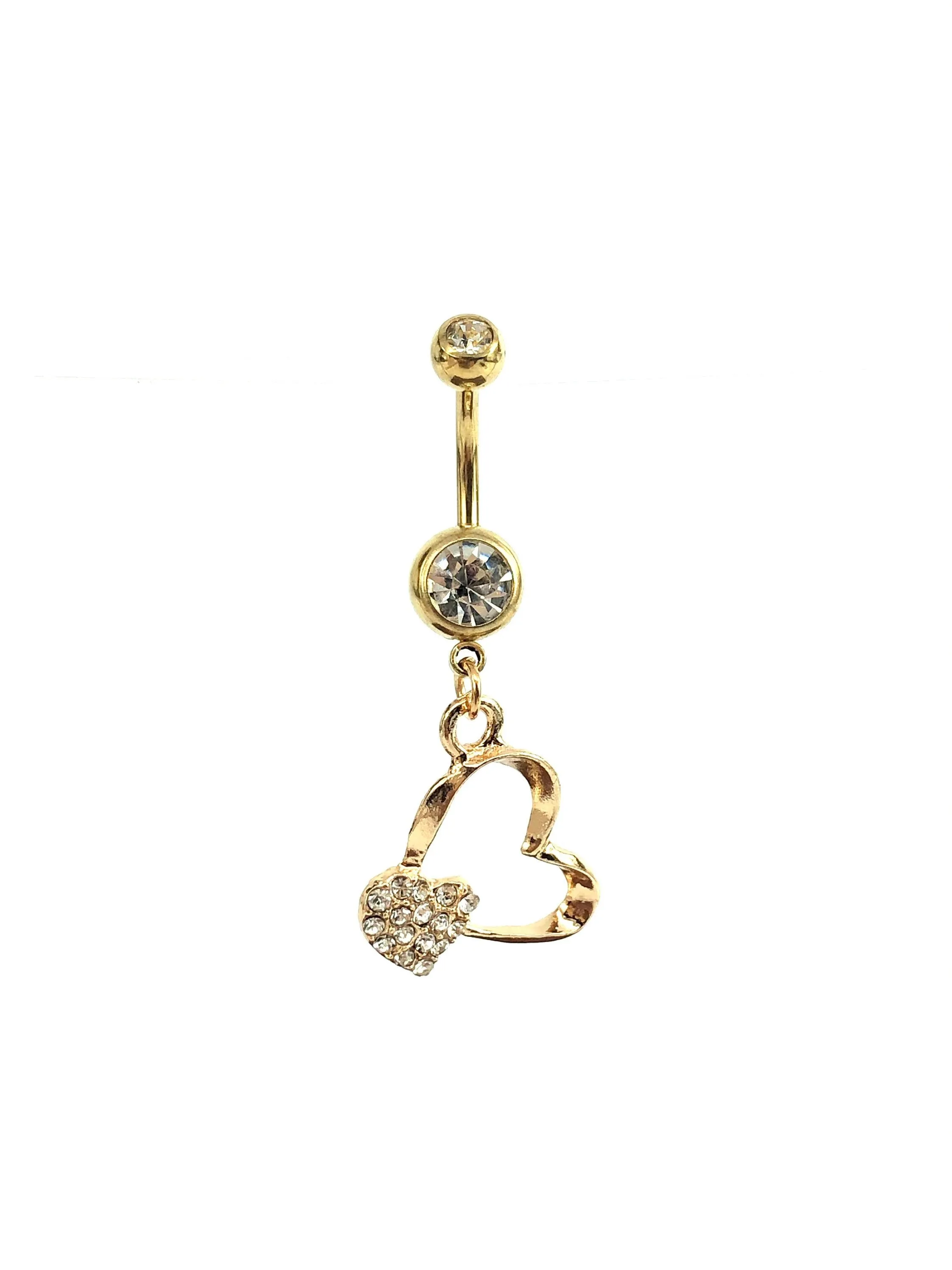 Stainless steel curve bar heart gem belly ring, SKU# NBR014