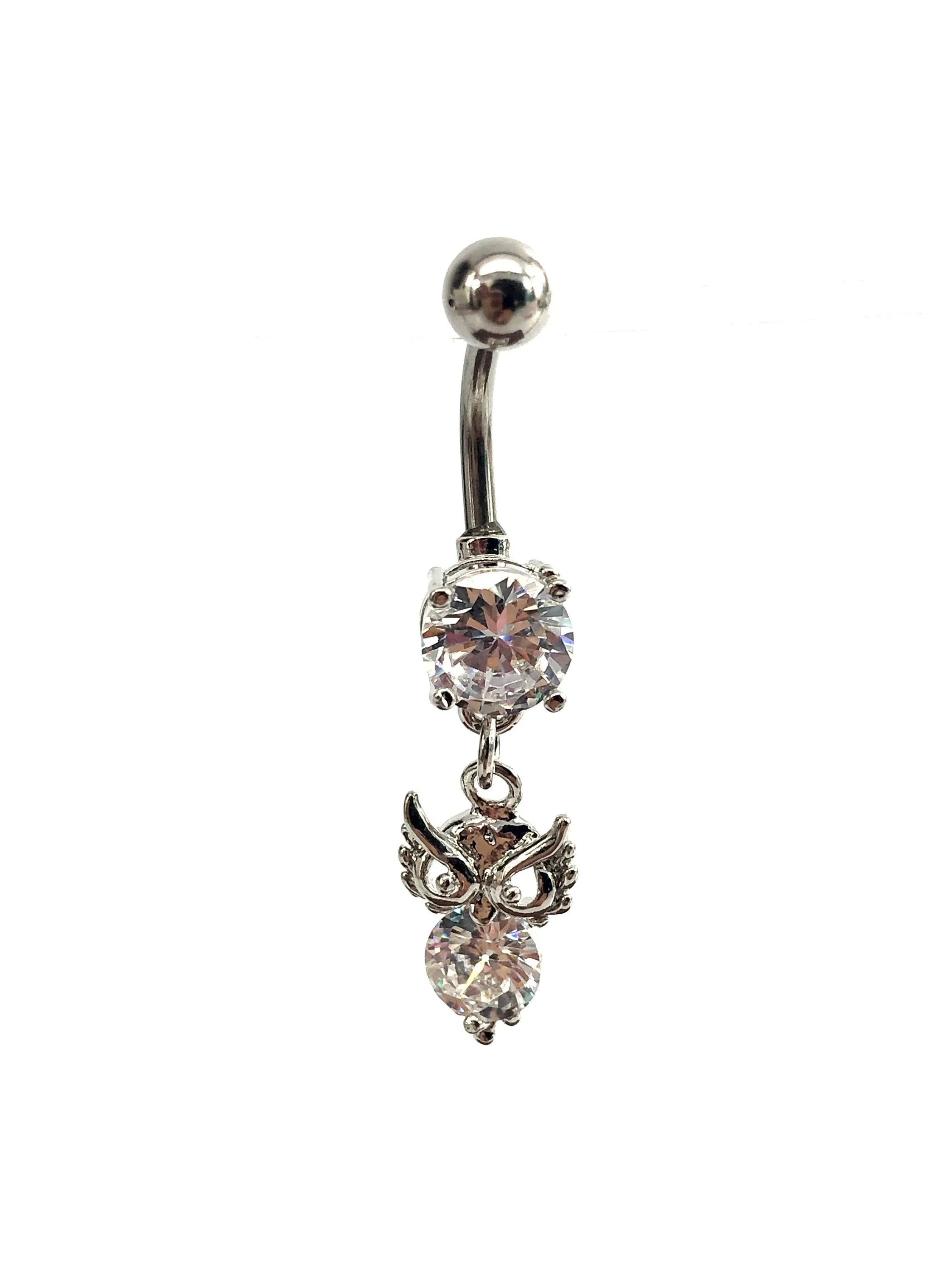 Stainless steel curve bar , owl w/ gem belly ring, SKU# 10-6-1