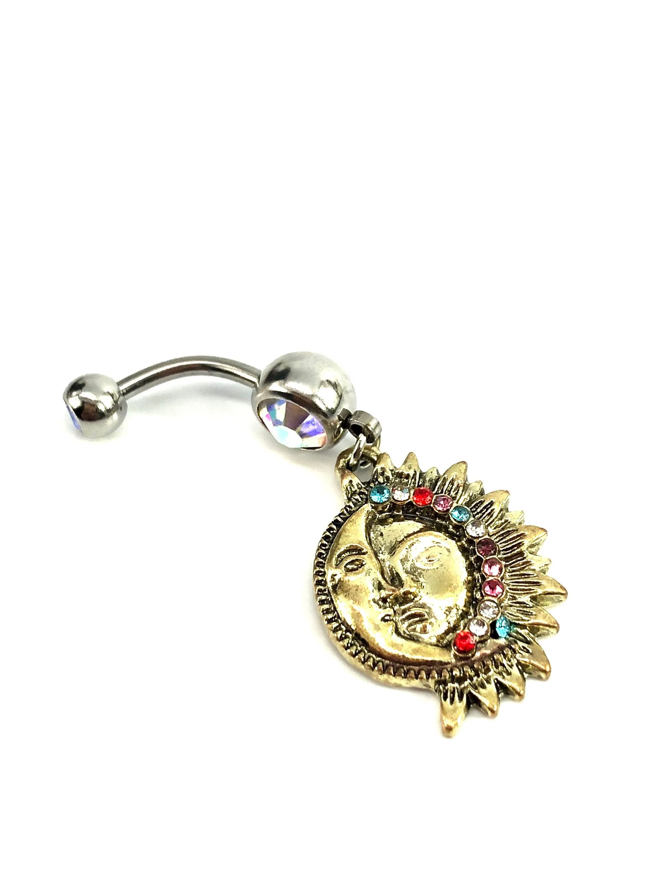 Stainless steel curve bar , sun & moon gem belly ring, SKU# NBT021