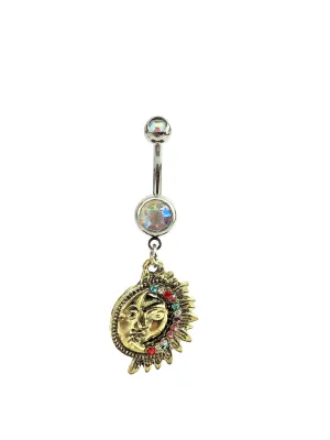 Stainless steel curve bar , sun & moon gem belly ring, SKU# NBT021