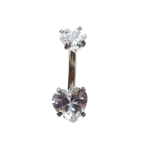 Stainless steel curved bar, double heart gem belly ring, SKU# 6-1