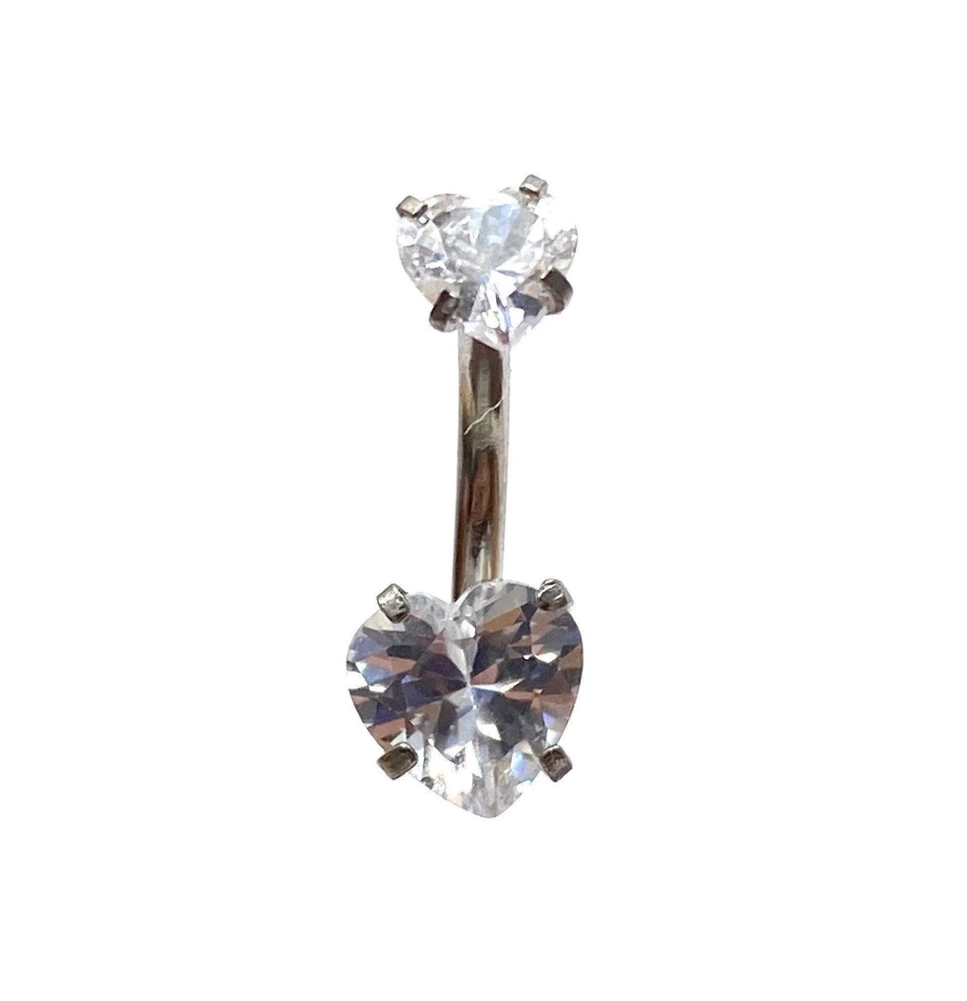 Stainless steel curved bar, double heart gem belly ring, SKU# 6-1