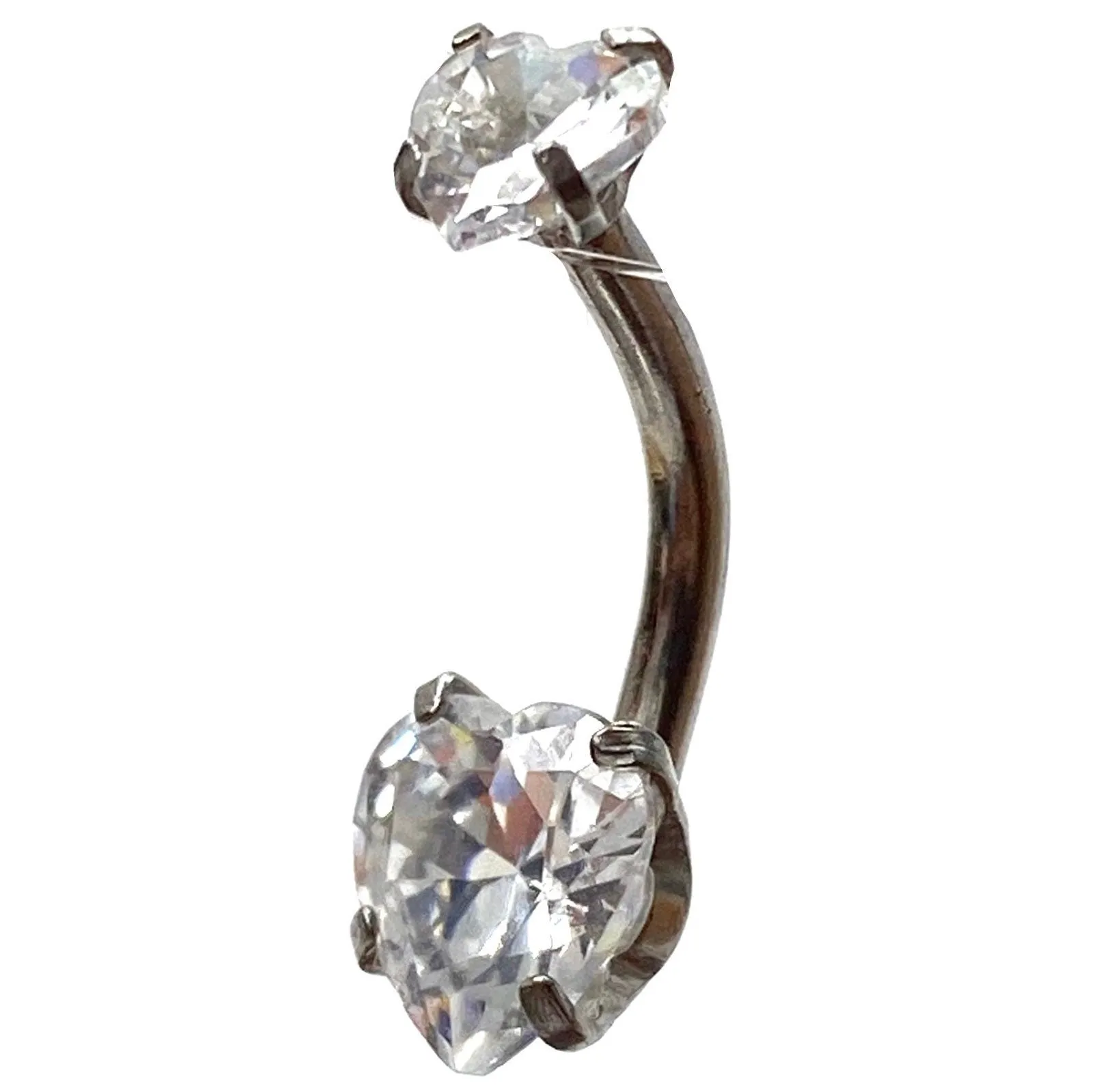 Stainless steel curved bar, double heart gem belly ring, SKU# 6-1
