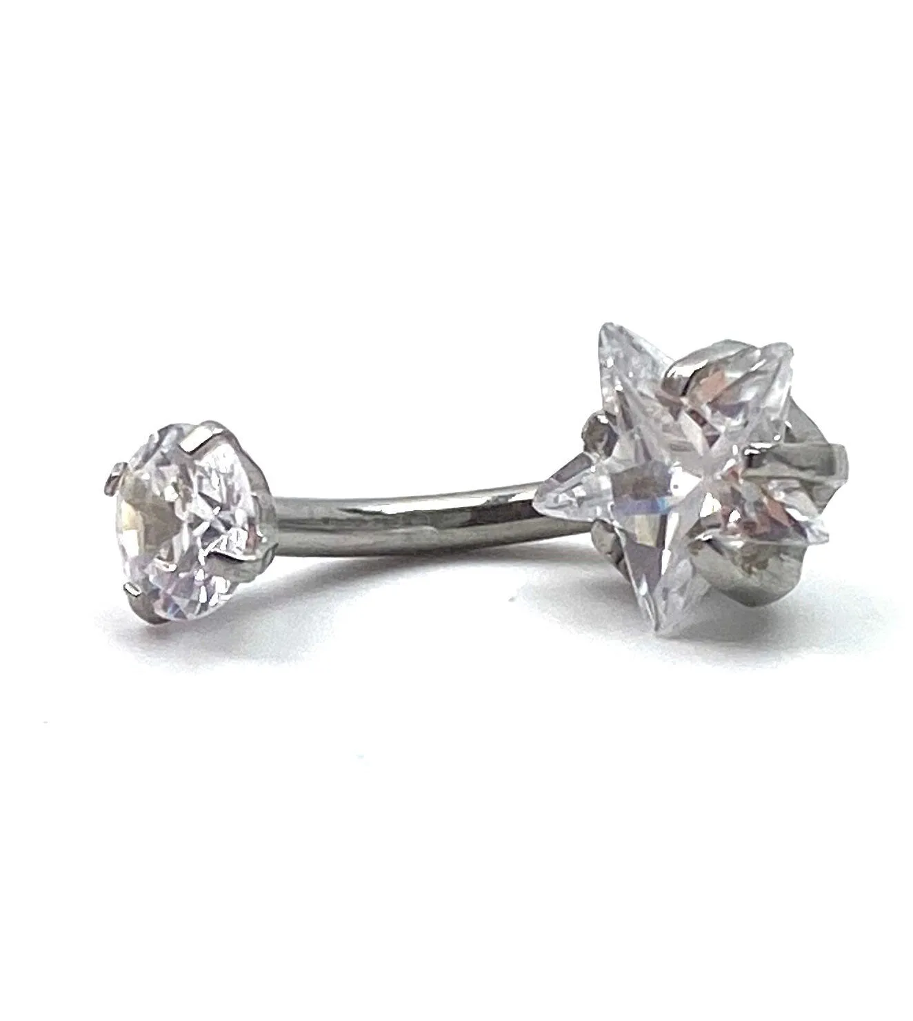Stainless steel curved bar, double star gem belly ring, SKU# 6-2