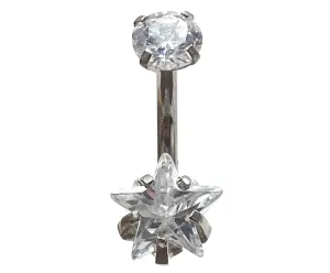 Stainless steel curved bar, double star gem belly ring, SKU# 6-2