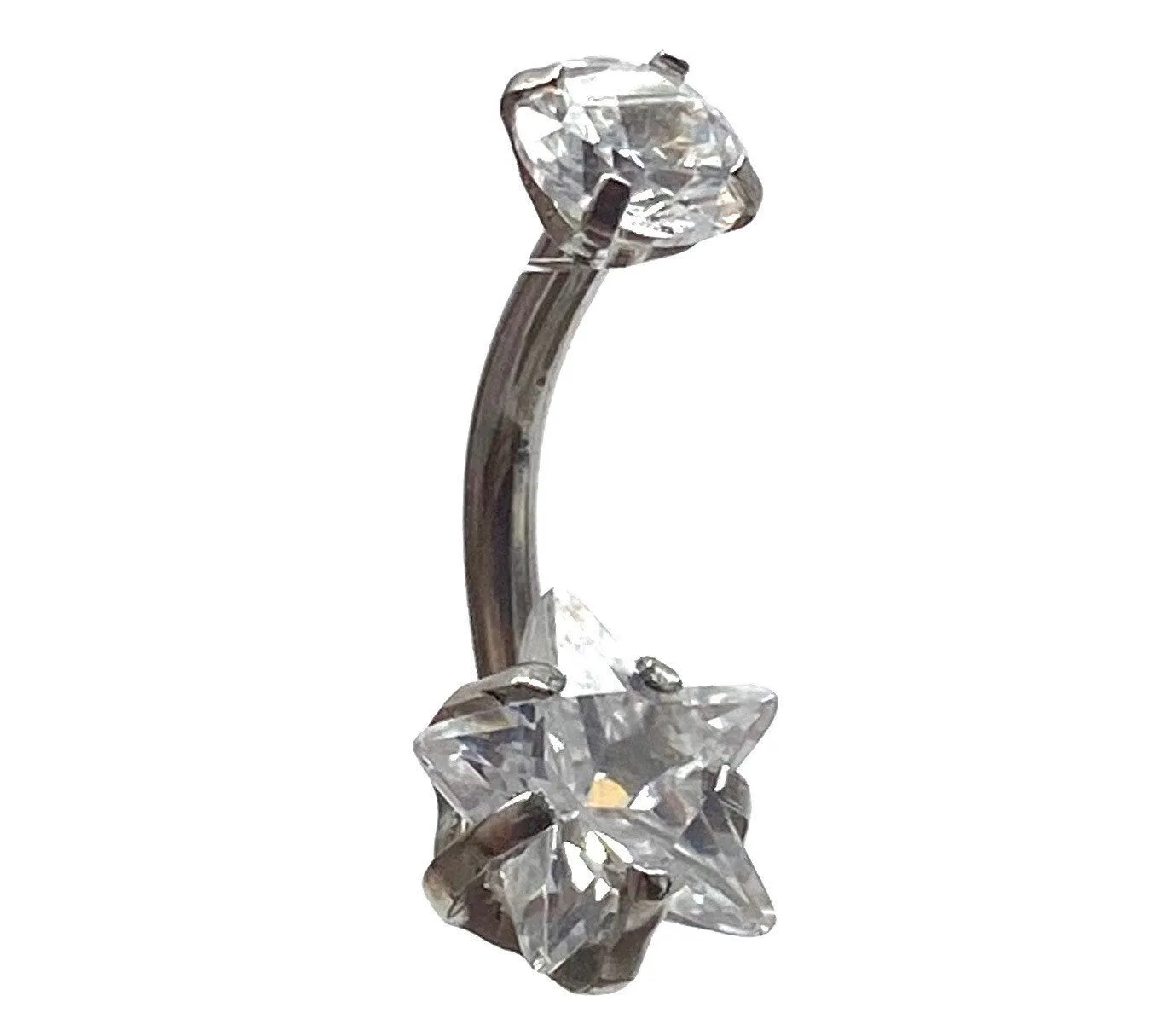 Stainless steel curved bar, double star gem belly ring, SKU# 6-2