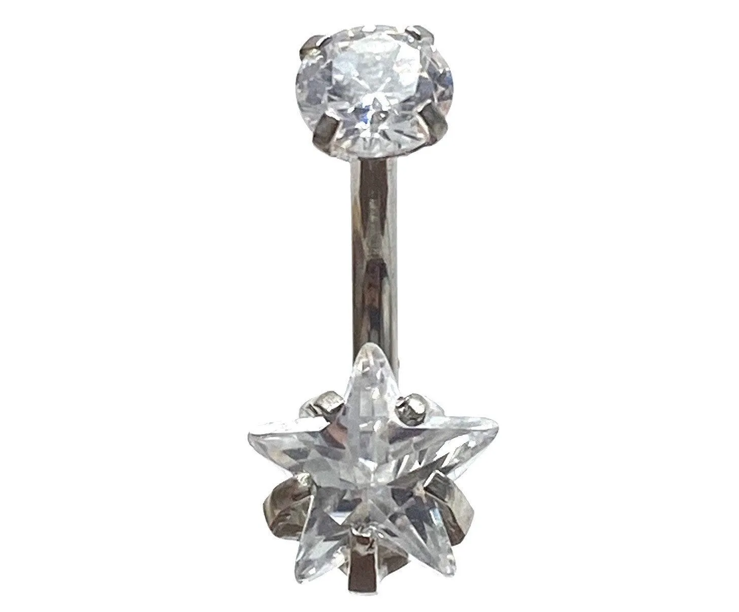 Stainless steel curved bar, double star gem belly ring, SKU# 6-2