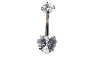 Stainless steel curved bar with heart gem belly ring, SKU# 6-8