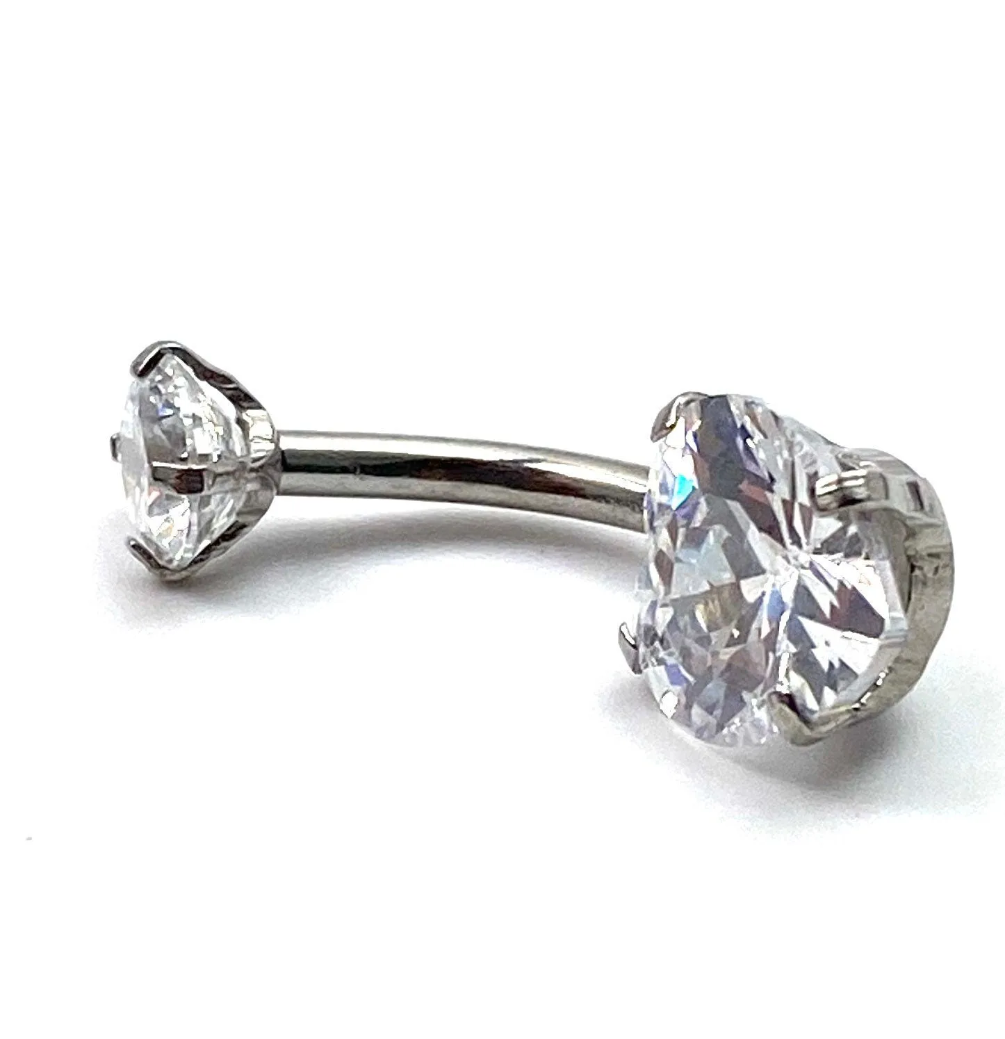 Stainless steel curved bar with heart gem belly ring, SKU# 6-8