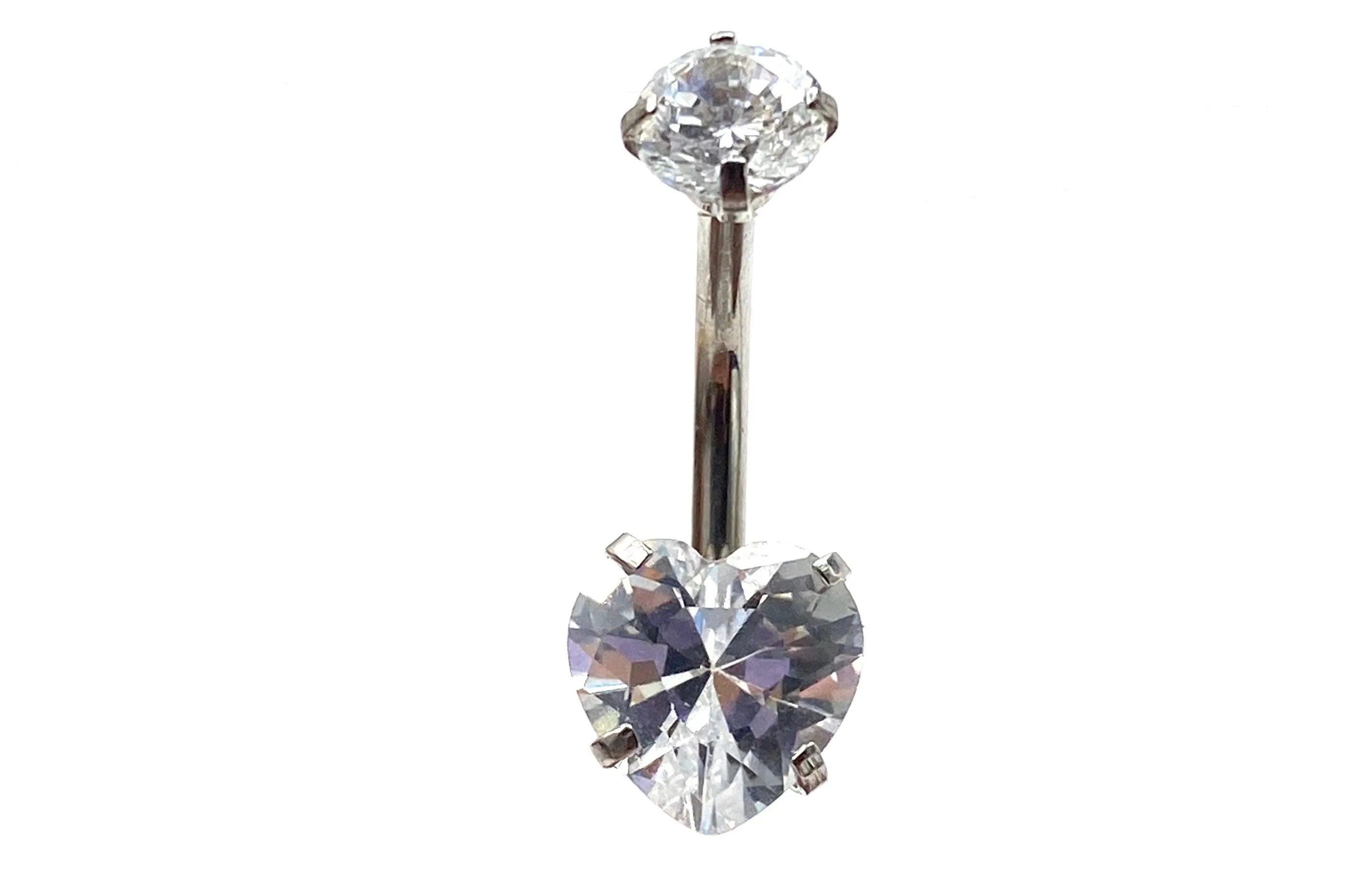 Stainless steel curved bar with heart gem belly ring, SKU# 6-8