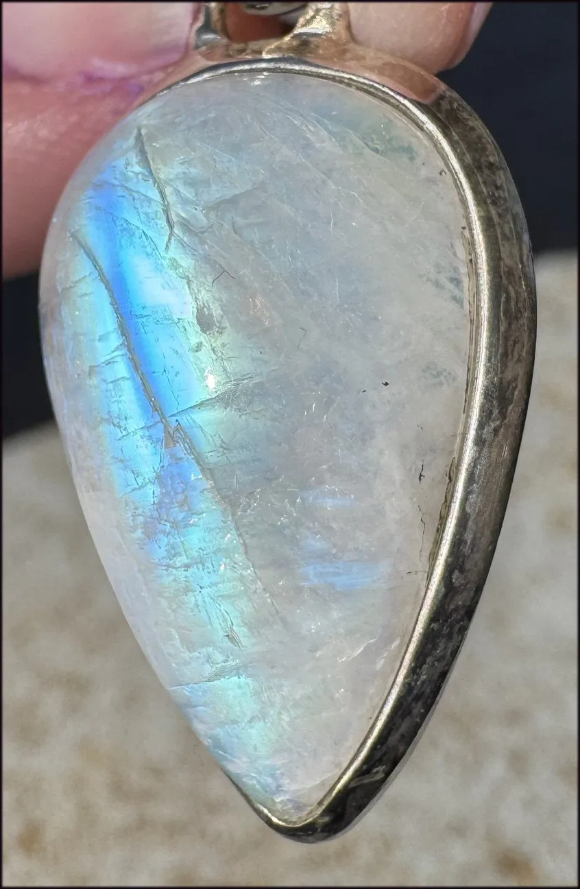 Sterling Silver and RAINBOW MOONSTONE Crystal Pendant - Calming, Enhance confidence