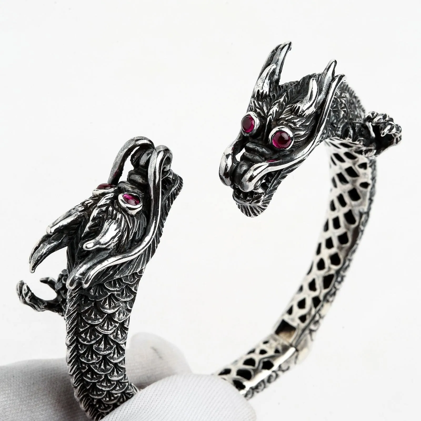 Sterling Silver Big Dragon Men's Cuff Bracelet