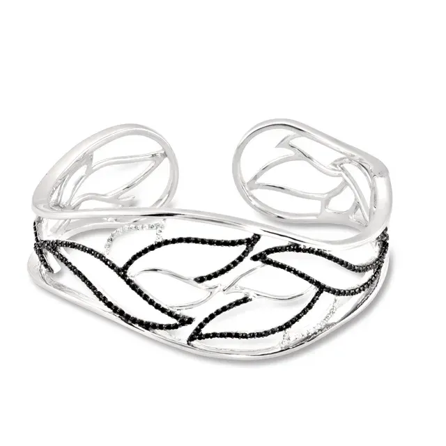 Sterling Silver Black Spinel & 1/6 CTW Diamond Hinged Cuff Bracelet