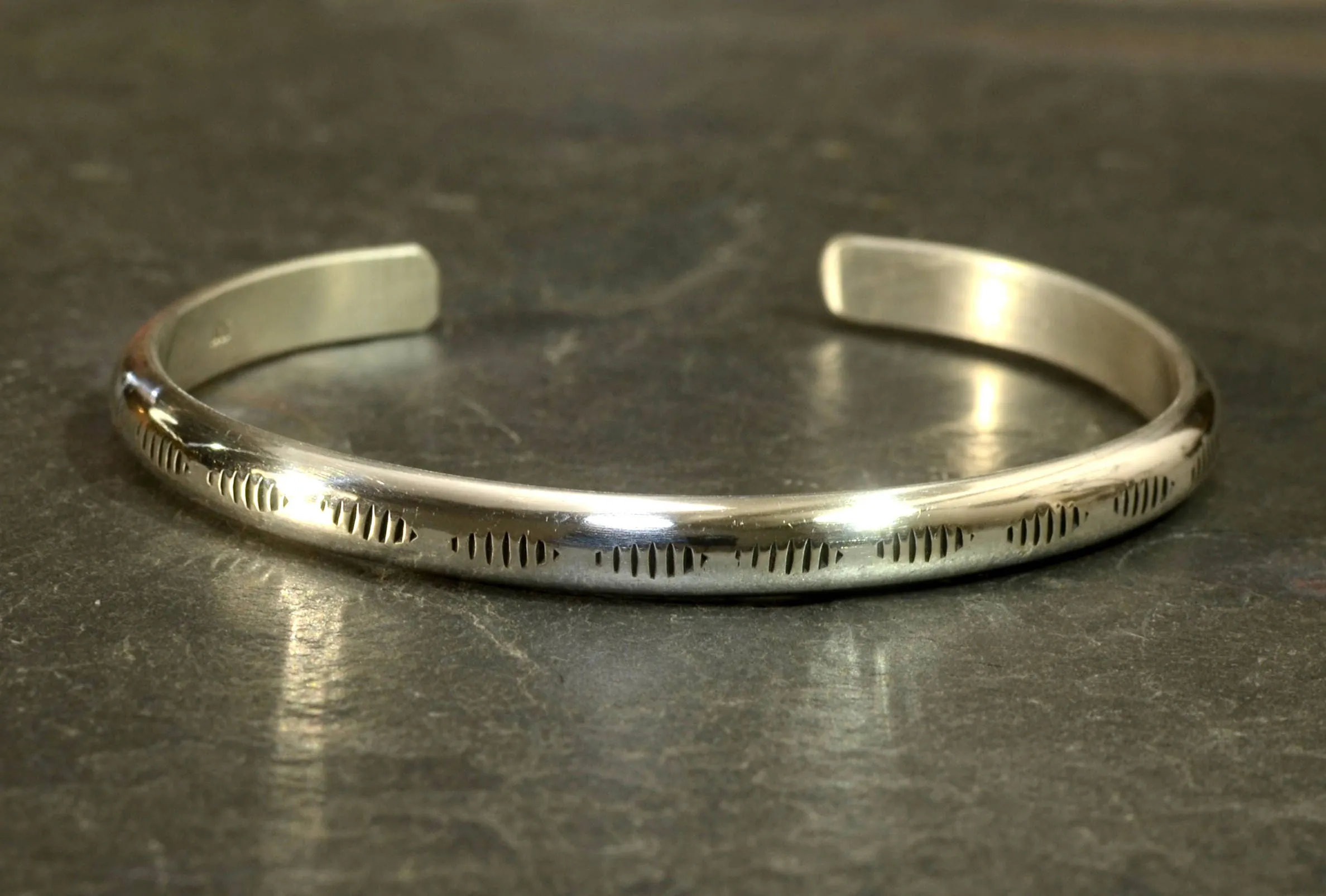 Sterling Silver Dainty Half Round Bracelet with Handmade Native American Metal Stamps