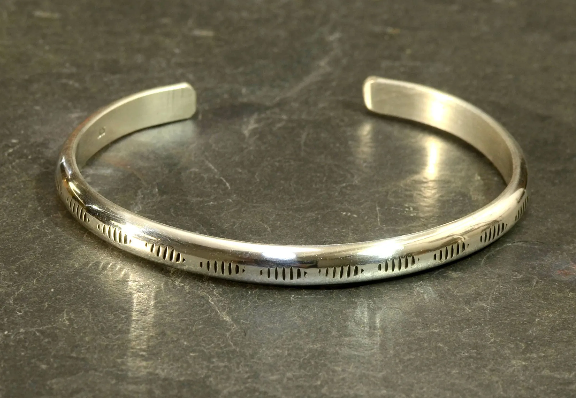 Sterling Silver Dainty Half Round Bracelet with Handmade Native American Metal Stamps